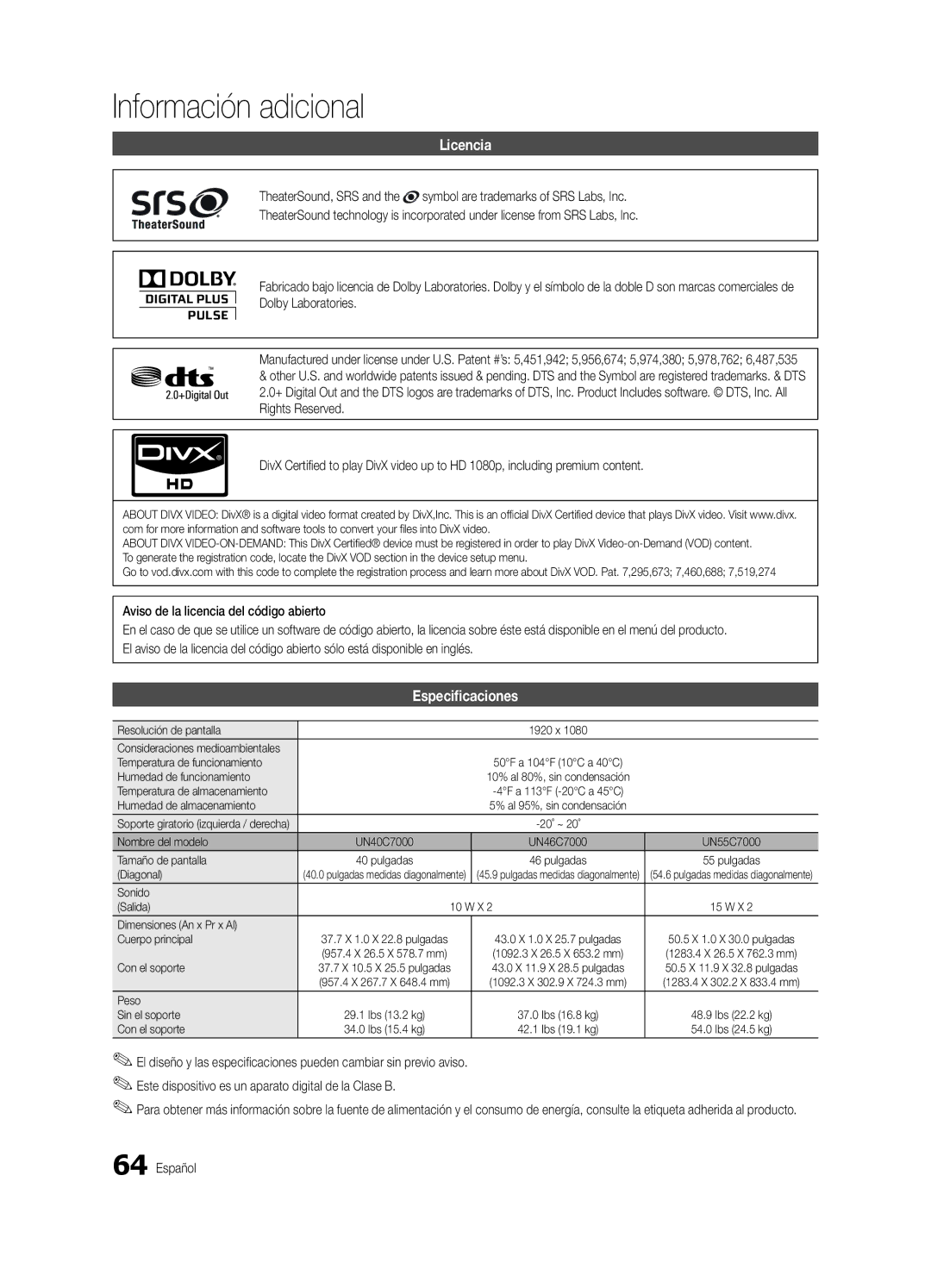 Samsung UN46C7000, BN68-02627A-06, Series C7 user manual Licencia, Especificaciones 