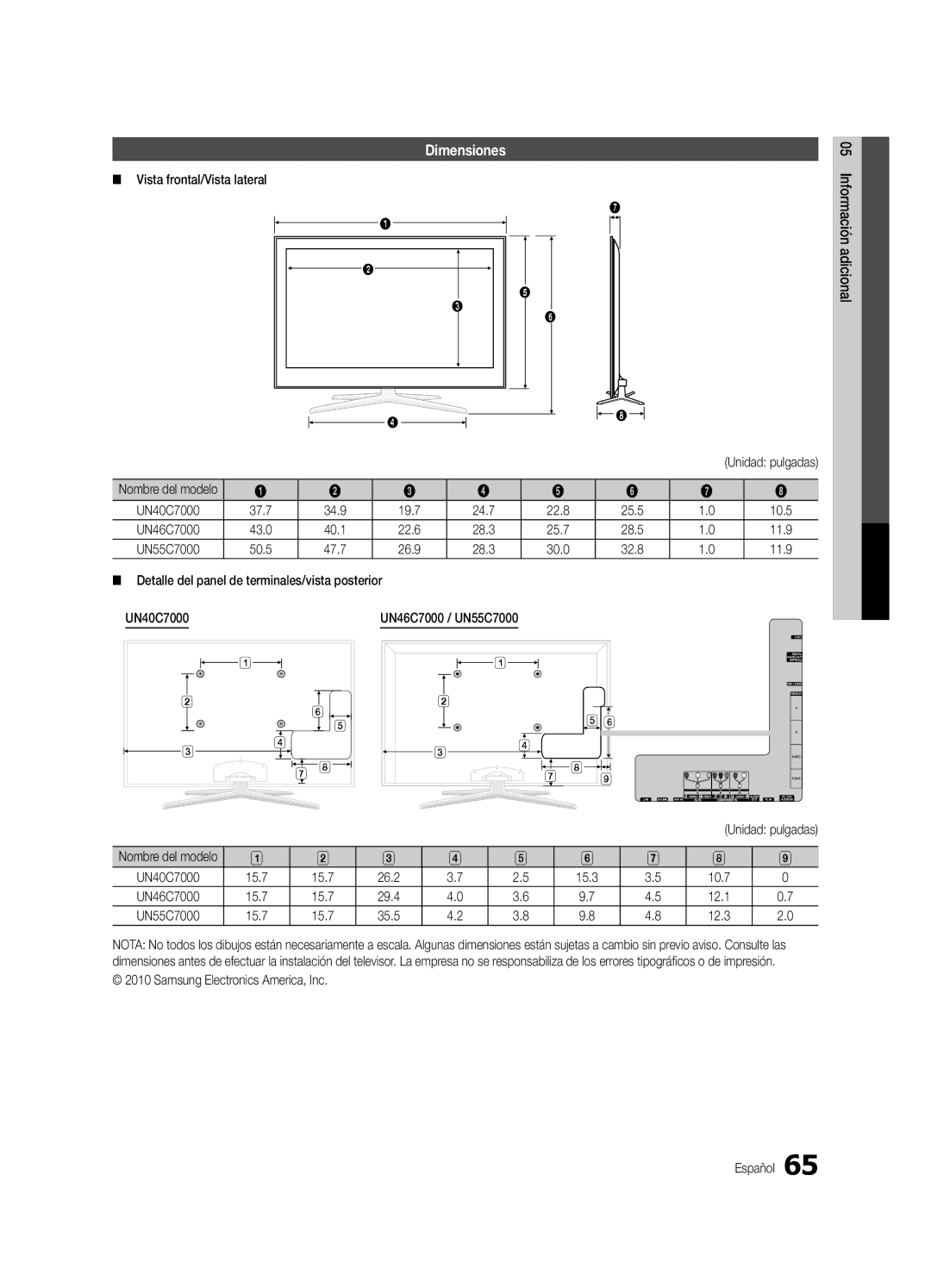 Samsung Series C7 Dimensiones, Vista frontal/Vista lateral, Detalle del panel de terminales/vista posterior UN40C7000 