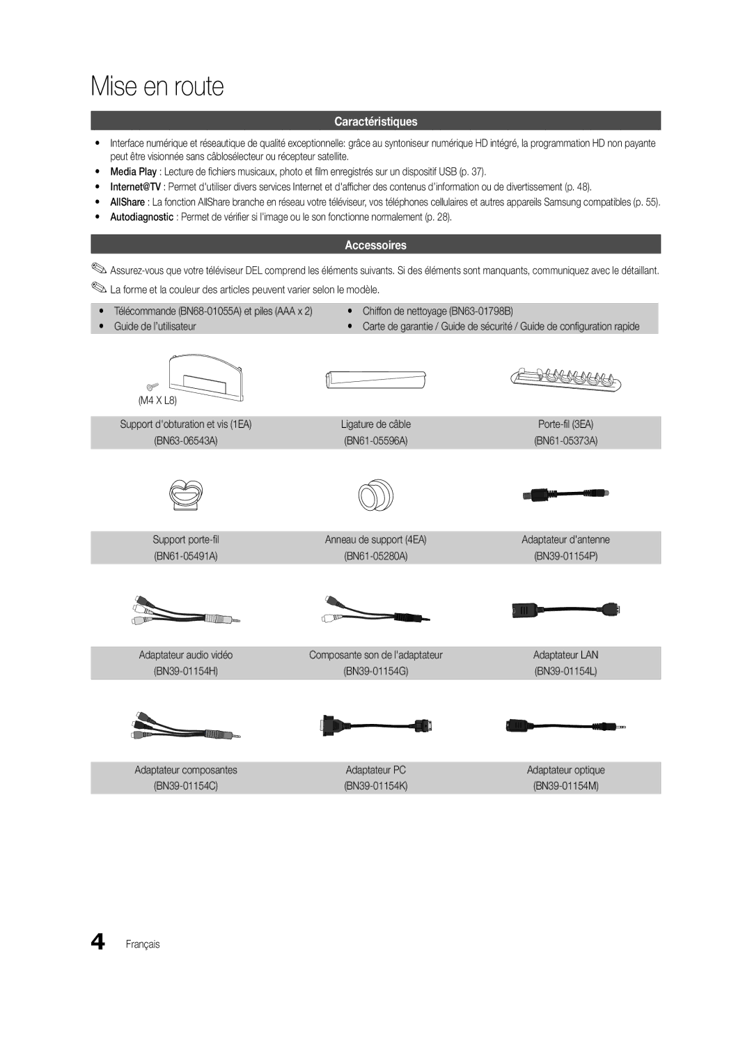 Samsung UN46C7000, BN68-02627A-06, Series C7 user manual Mise en route, Caractéristiques, Accessoires 