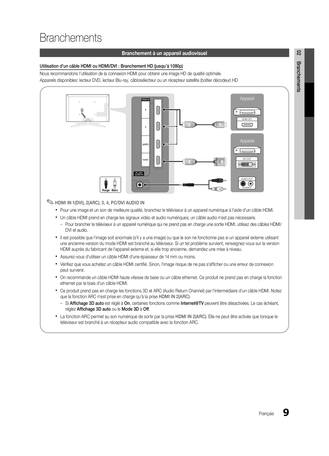 Samsung BN68-02627A-06, UN46C7000, Series C7 user manual Branchements, Branchement à un appareil audiovisuel 