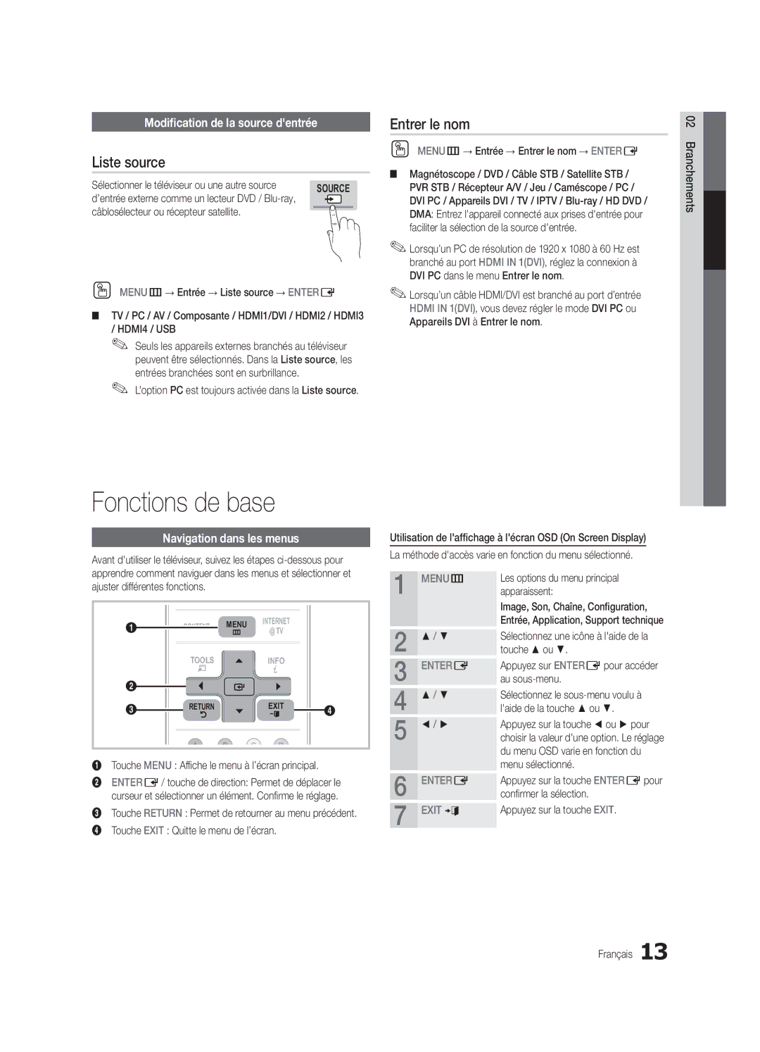 Samsung UN46C7000, BN68-02627A-06 Fonctions de base, Liste source, Entrer le nom, Modification de la source dentrée 