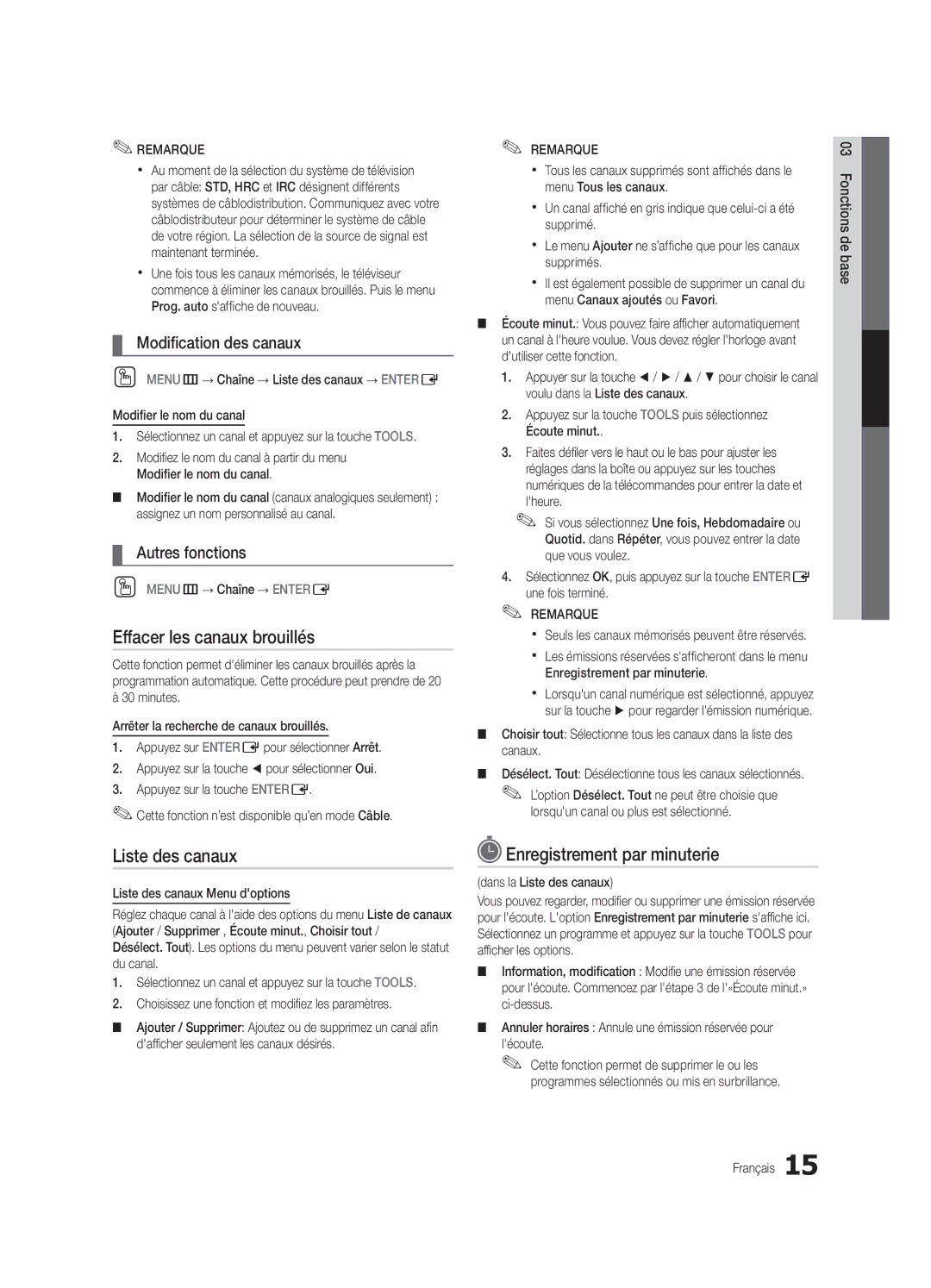 Samsung BN68-02627A-06, UN46C7000 Effacer les canaux brouillés, Enregistrement par minuterie, Modification des canaux 