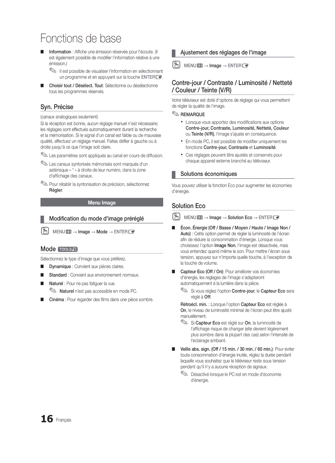 Samsung UN46C7000, BN68-02627A-06 Syn. Précise, Solution Eco, Ajustement des réglages de limage, Solutions économiques 