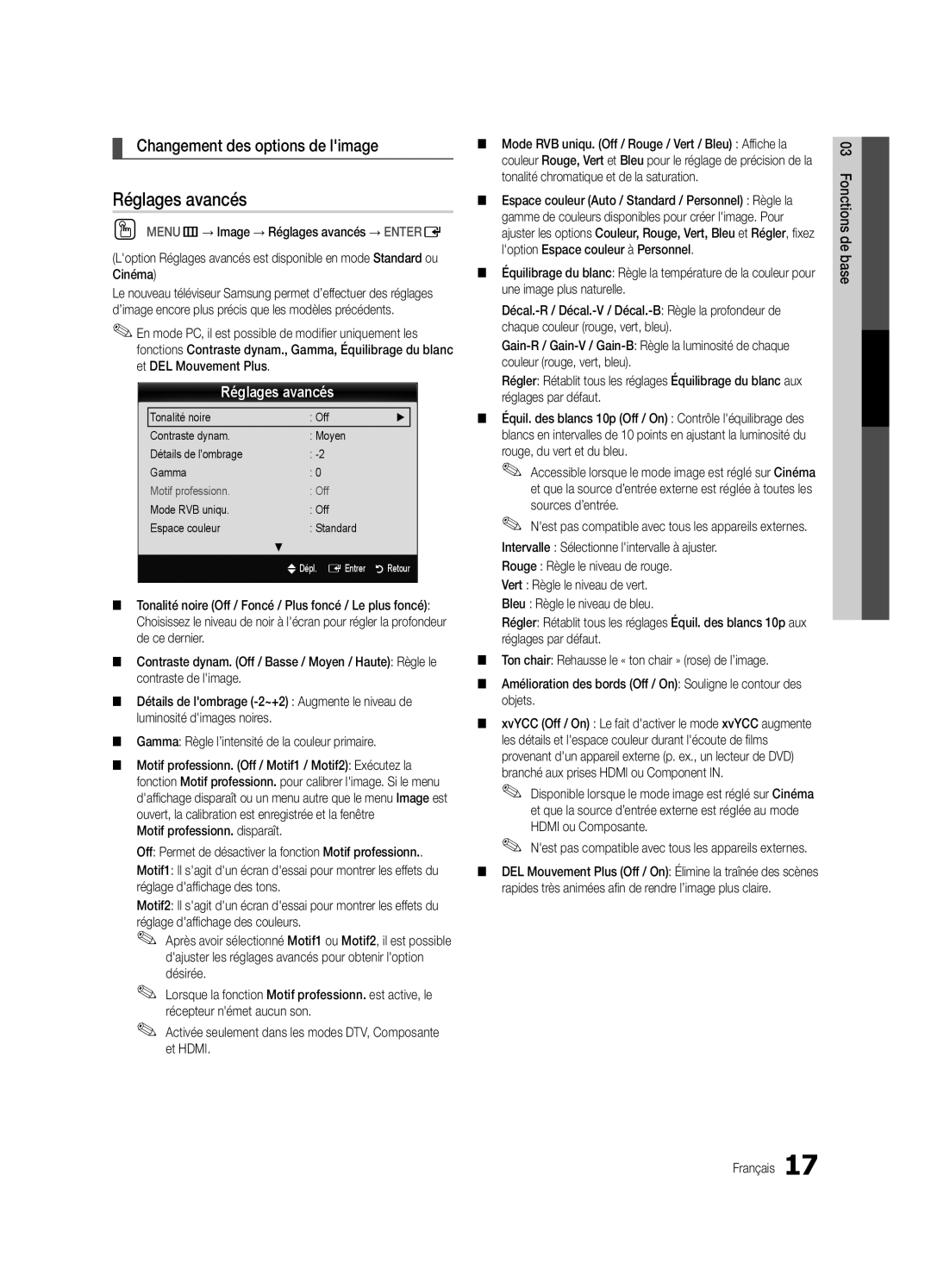 Samsung Series C7, BN68-02627A-06 Réglages avancés, Changement des options de limage, Motif professionn. disparaît 