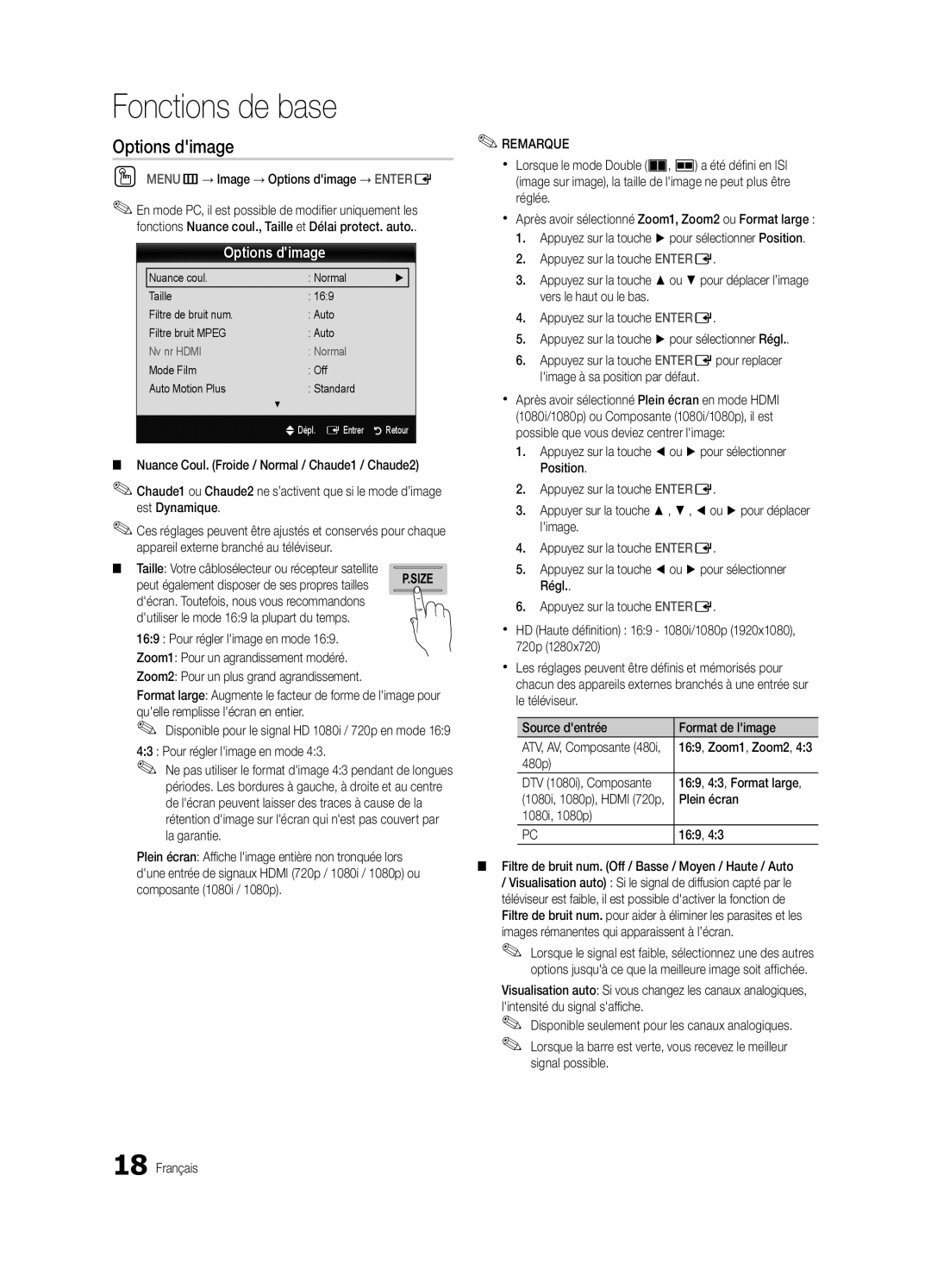 Samsung BN68-02627A-06, UN46C7000, Series C7 user manual OO MENUm→ Image → Options dimage → Entere, 480p, Plein écran 