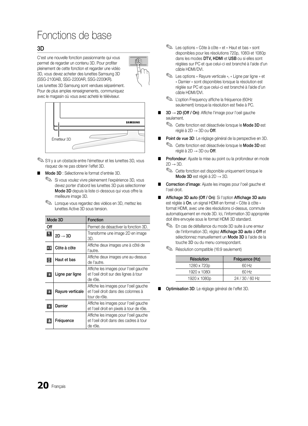 Samsung Series C7 Mode 3D Sélectionne le format dentrée 3D, Mode 3D Fonction Off, Côte à côte, Côté de, Haut et bas 