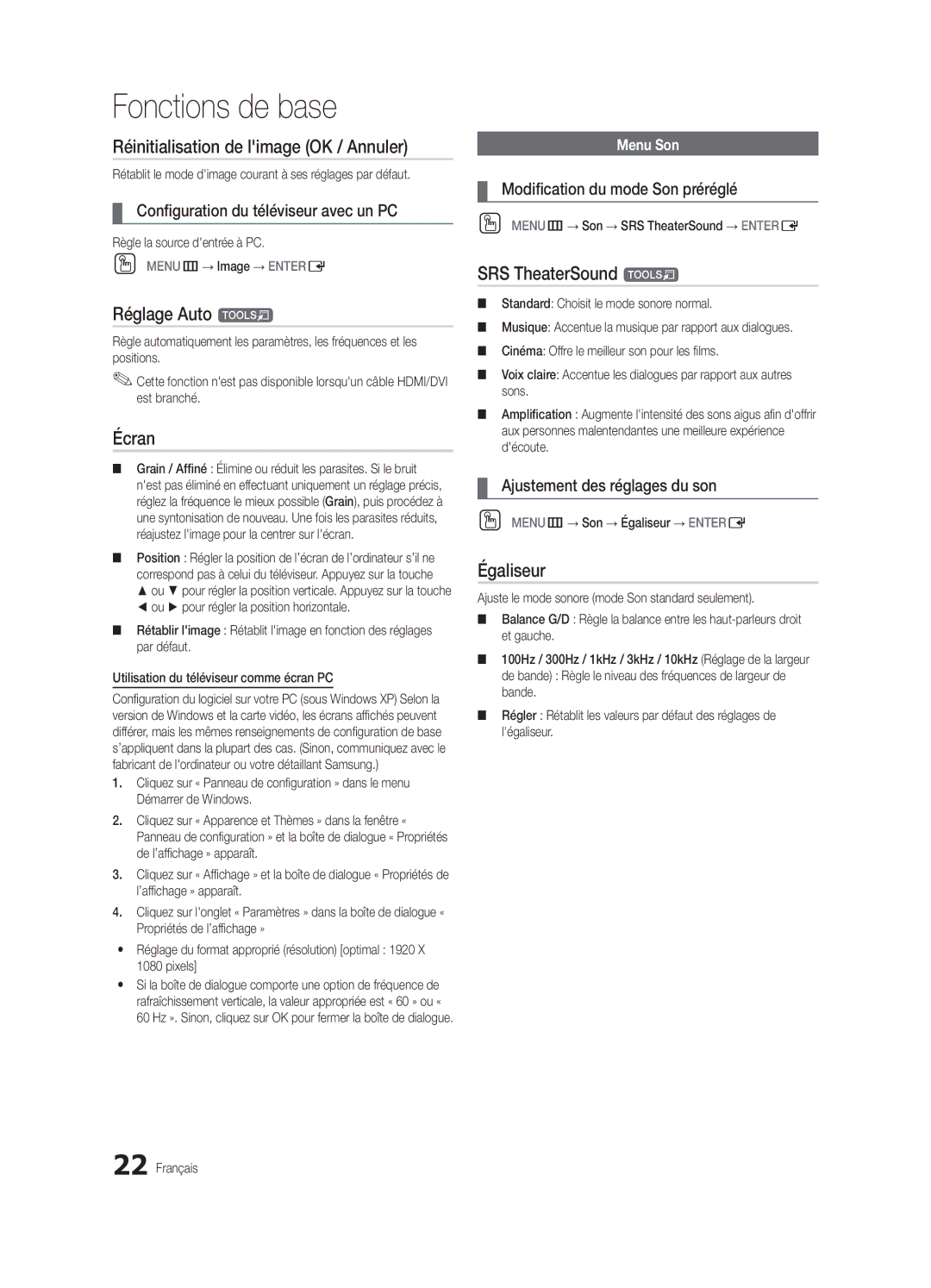 Samsung UN46C7000, BN68-02627A-06, Series C7 Réinitialisation de limage OK / Annuler, Réglage Auto t, Écran, Égaliseur 