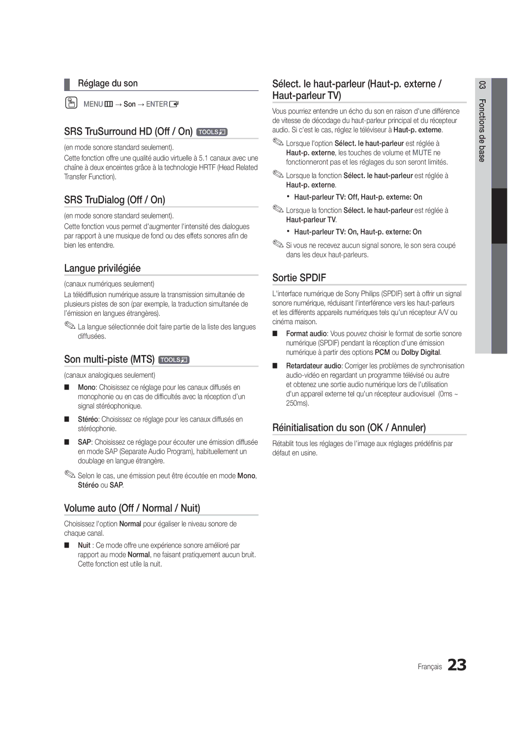 Samsung Series C7, BN68-02627A-06 Langue privilégiée, Son multi-piste MTS t, Volume auto Off / Normal / Nuit, Sortie Spdif 