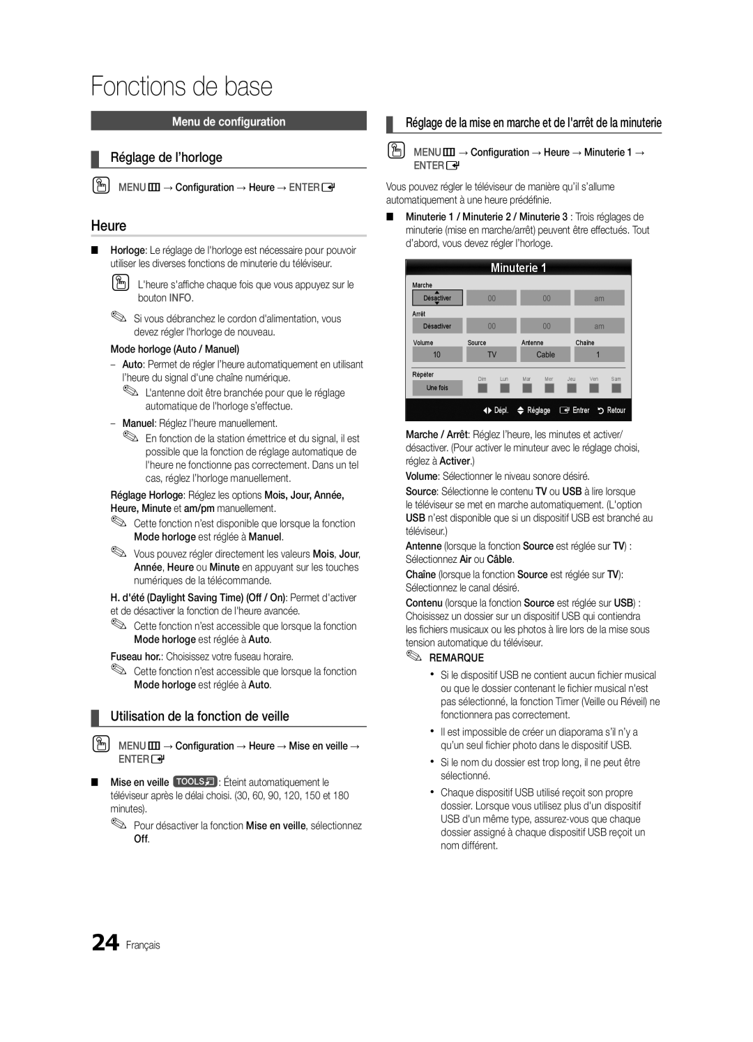 Samsung BN68-02627A-06 Heure, Réglage de l’horloge, Utilisation de la fonction de veille, Menu de configuration, Minuterie 