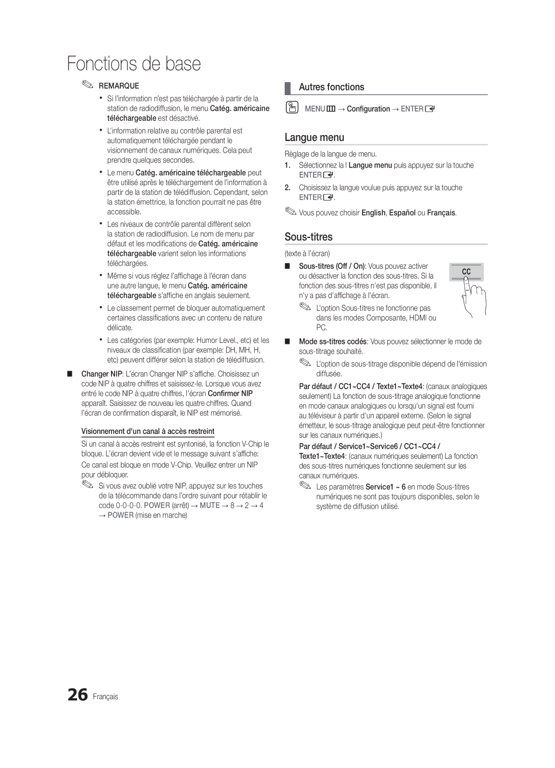 Samsung Series C7, BN68-02627A-06, UN46C7000 user manual Langue menu, Sous-titres 