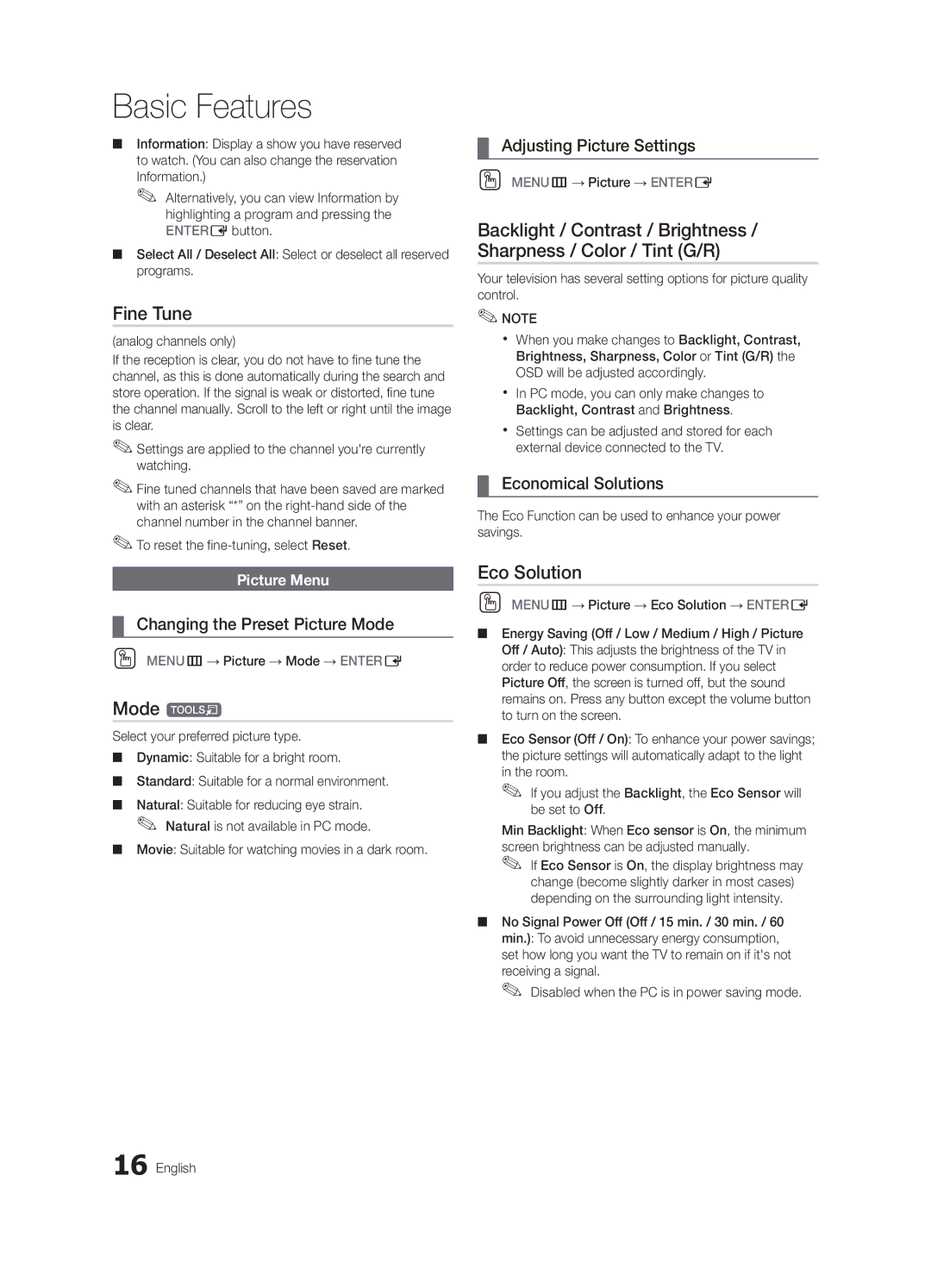 Samsung UN46C7000, BN68-02627A-06, Series C7 user manual Fine Tune, Mode t, Eco Solution 