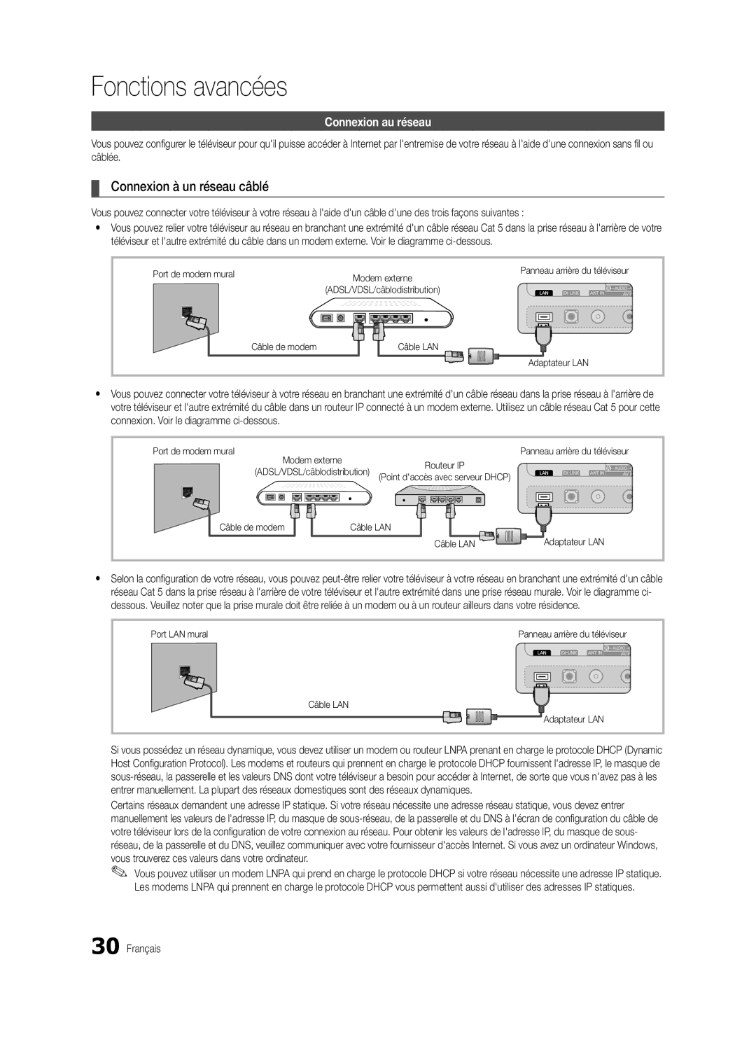 Samsung BN68-02627A-06, UN46C7000, Series C7 user manual Fonctions avancées, Connexion à un réseau câblé, Connexion au réseau 