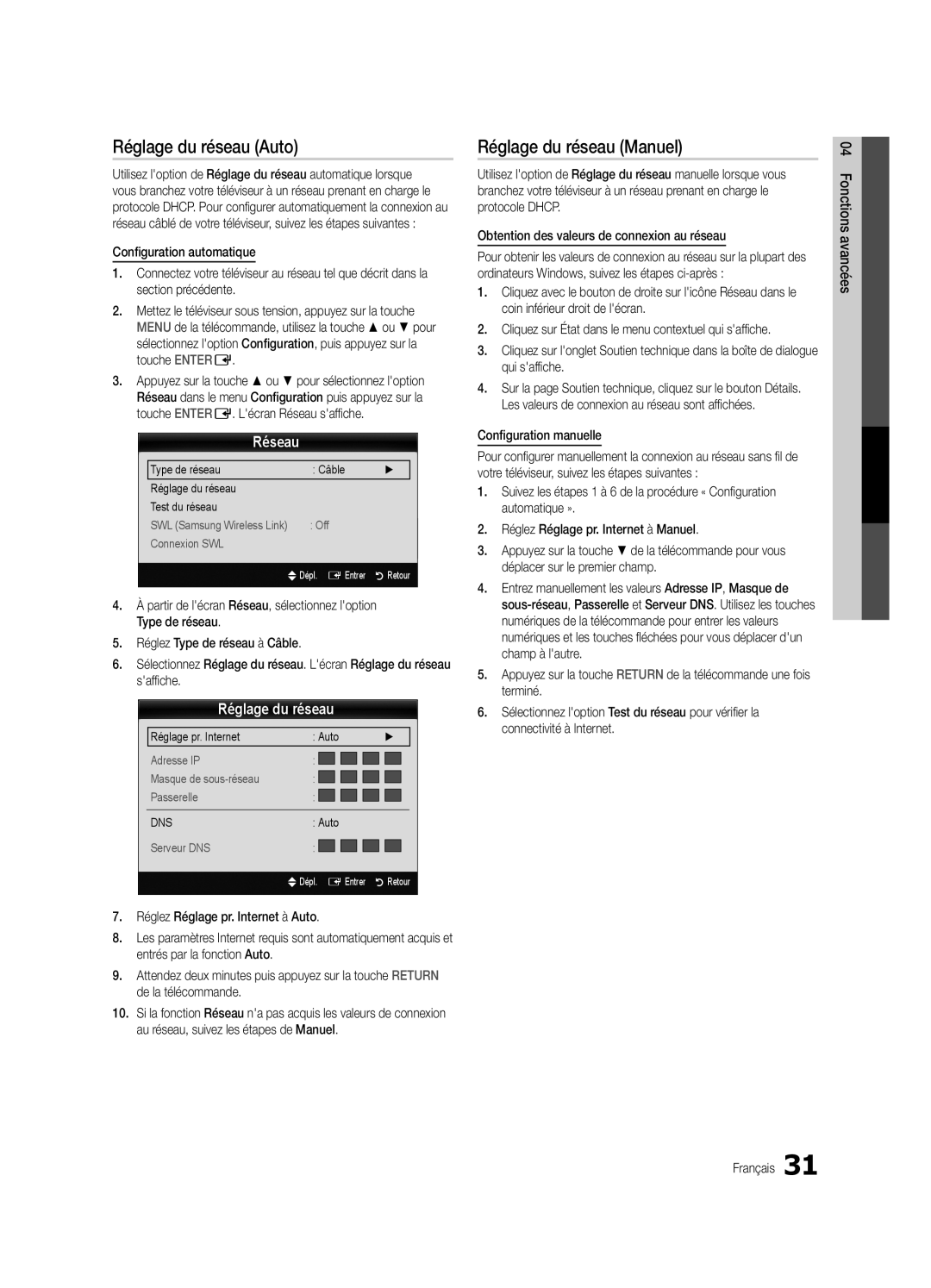 Samsung UN46C7000, BN68-02627A-06, Series C7 user manual Réglage du réseau Auto, Réglage du réseau Manuel, Réseau 