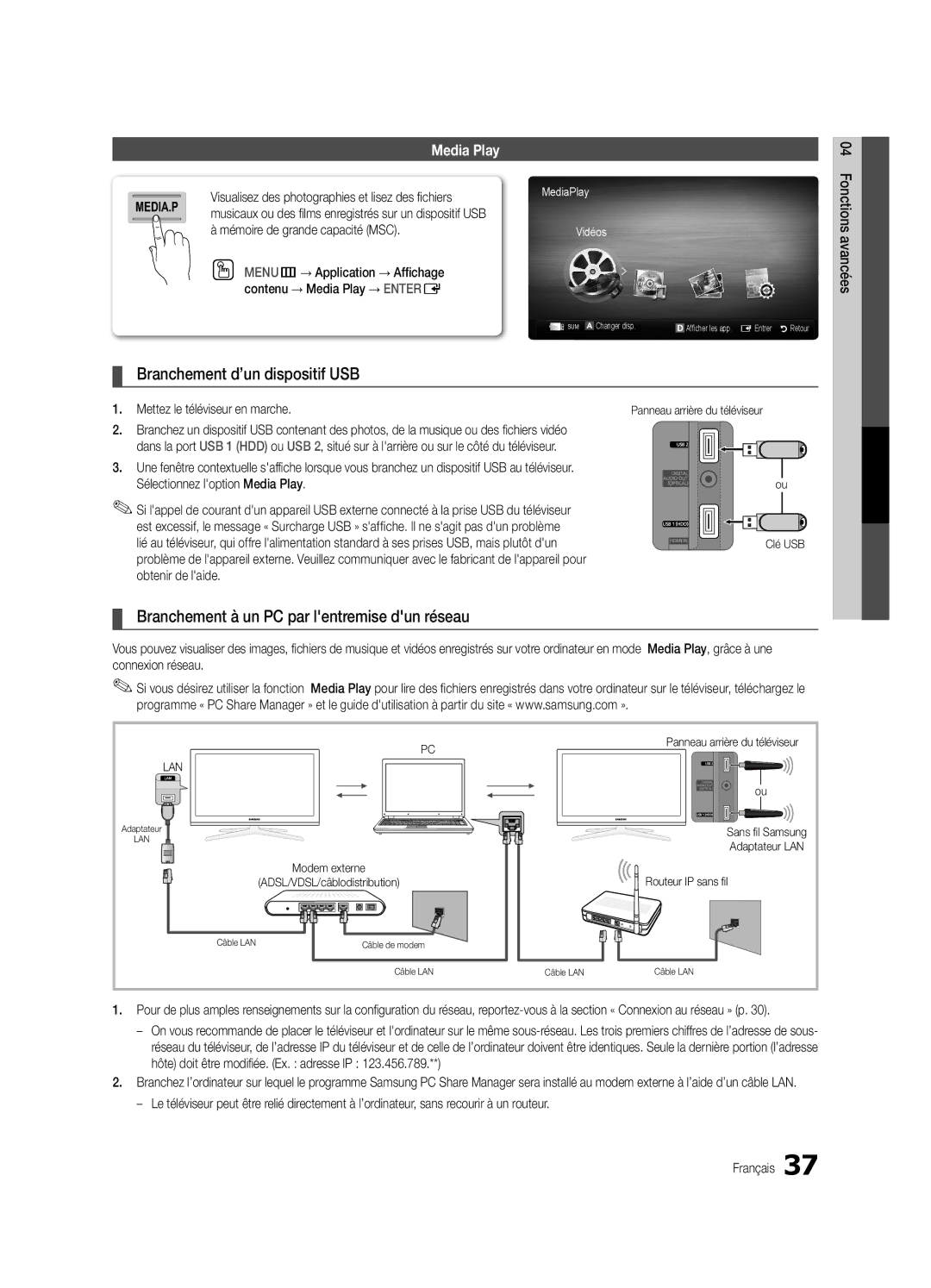 Samsung UN46C7000, BN68-02627A-06, Series C7 Branchement d’un dispositif USB, Branchement à un PC par lentremise dun réseau 