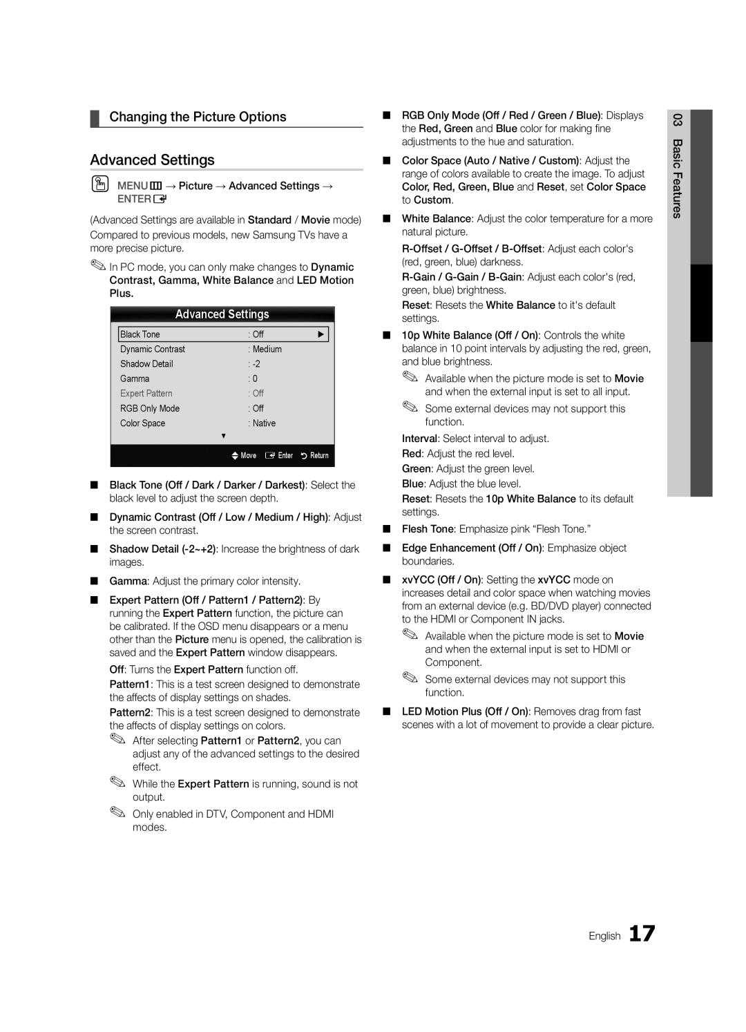 Samsung Series C7, BN68-02627A-06, UN46C7000 user manual Advanced Settings, Changing the Picture Options 