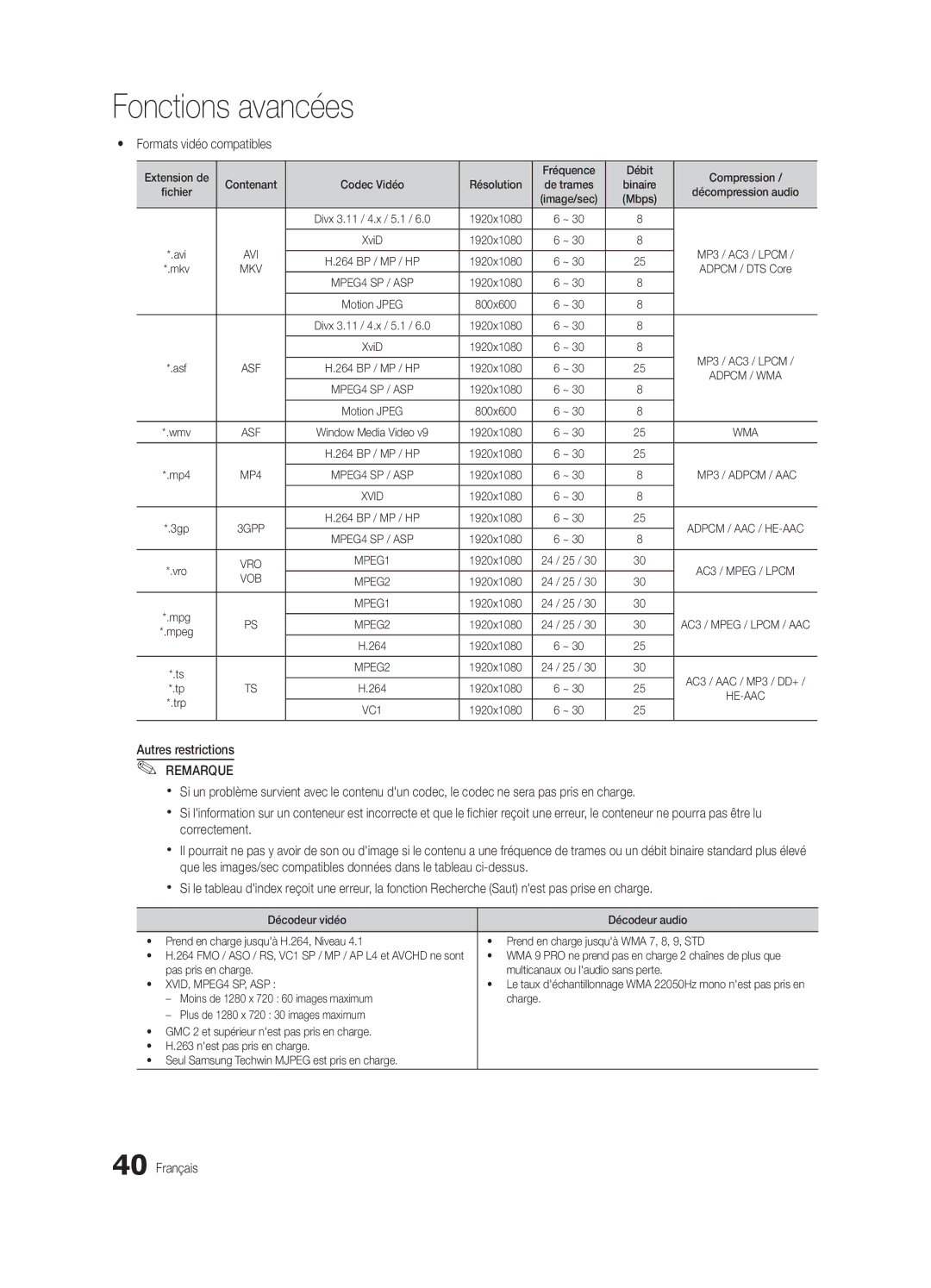 Samsung UN46C7000 Yy Formats vidéo compatibles, Extension de Fréquence Débit Compression, Autres restrictions Remarque 