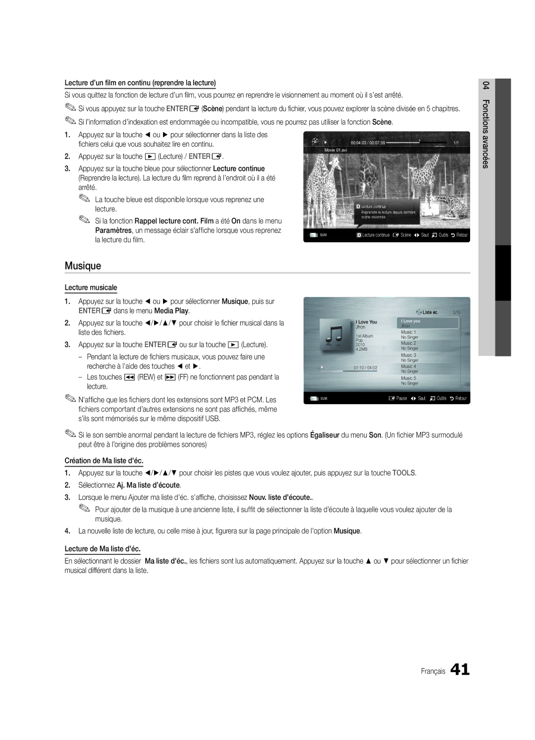 Samsung Series C7, BN68-02627A-06 Musique, Appuyez sur la touche Lecture / Entere, Recherche à laide des touches et 