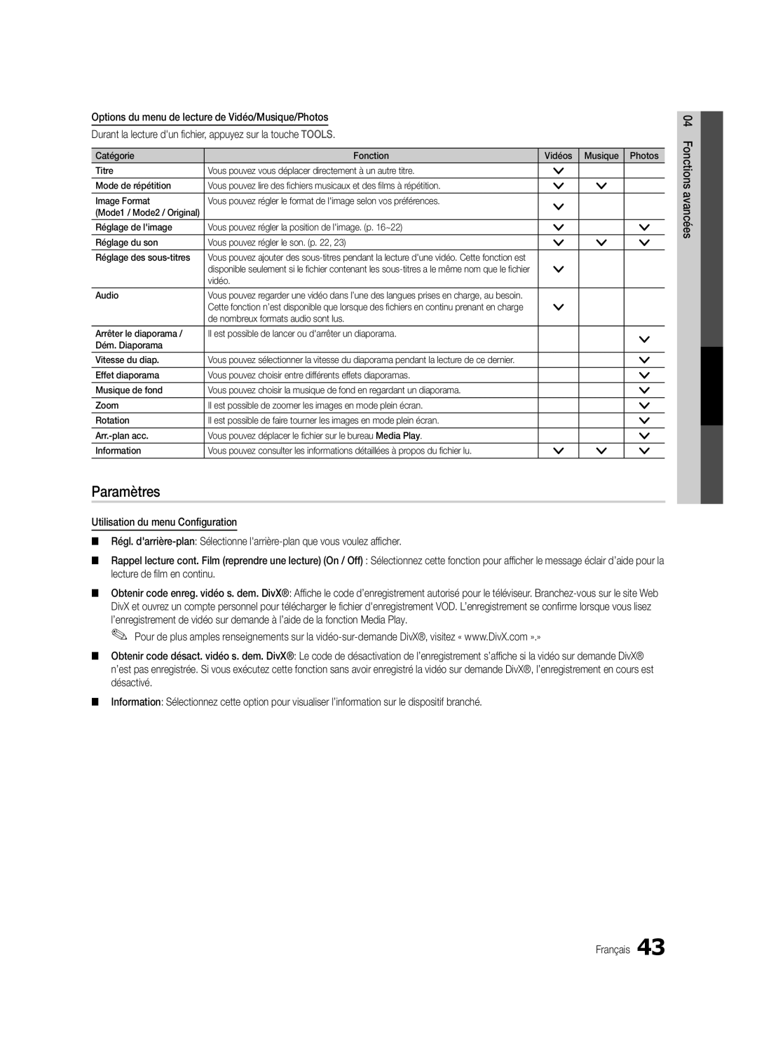 Samsung UN46C7000, BN68-02627A-06, Series C7 user manual Paramètres, Lecture de film en continu, Désactivé, Vidéo Audio 