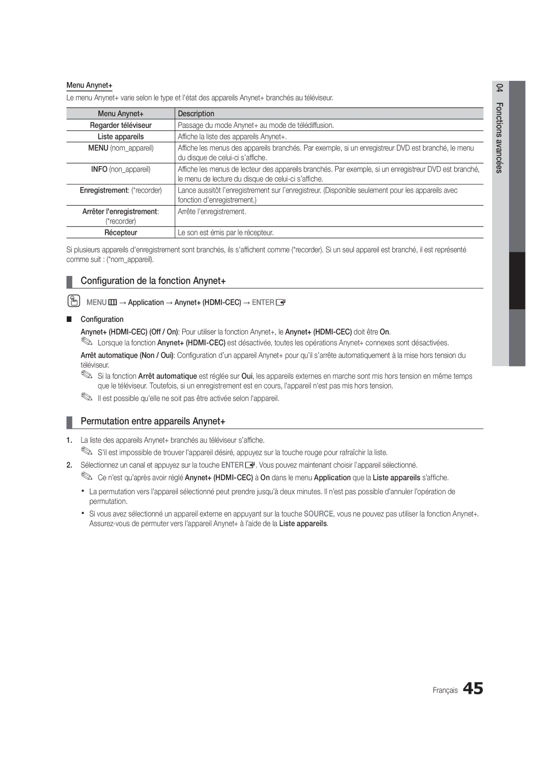 Samsung BN68-02627A-06, UN46C7000, Series C7 Configuration de la fonction Anynet+, Permutation entre appareils Anynet+ 