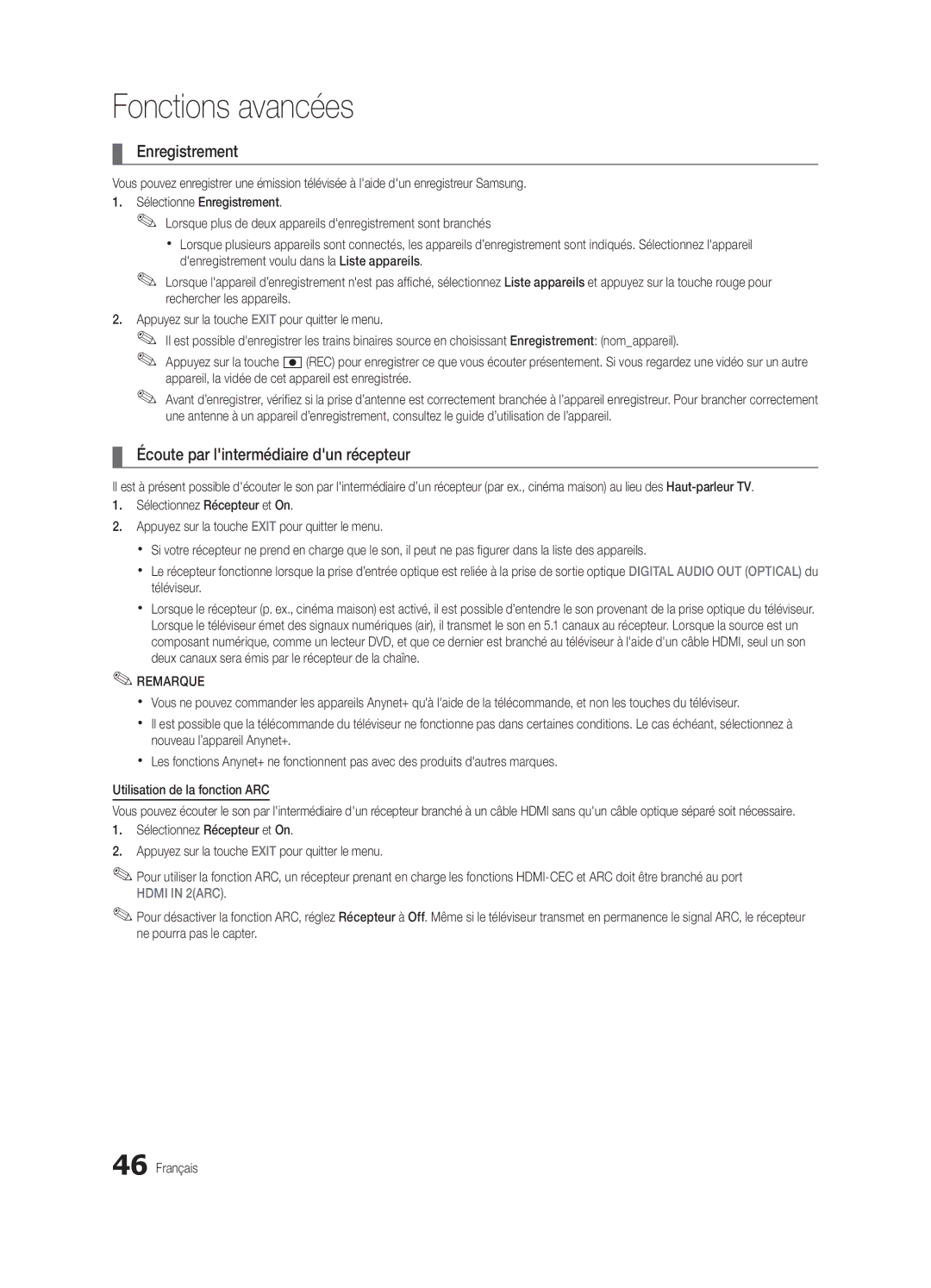 Samsung UN46C7000, BN68-02627A-06, Series C7 user manual Enregistrement, Écoute par lintermédiaire dun récepteur 