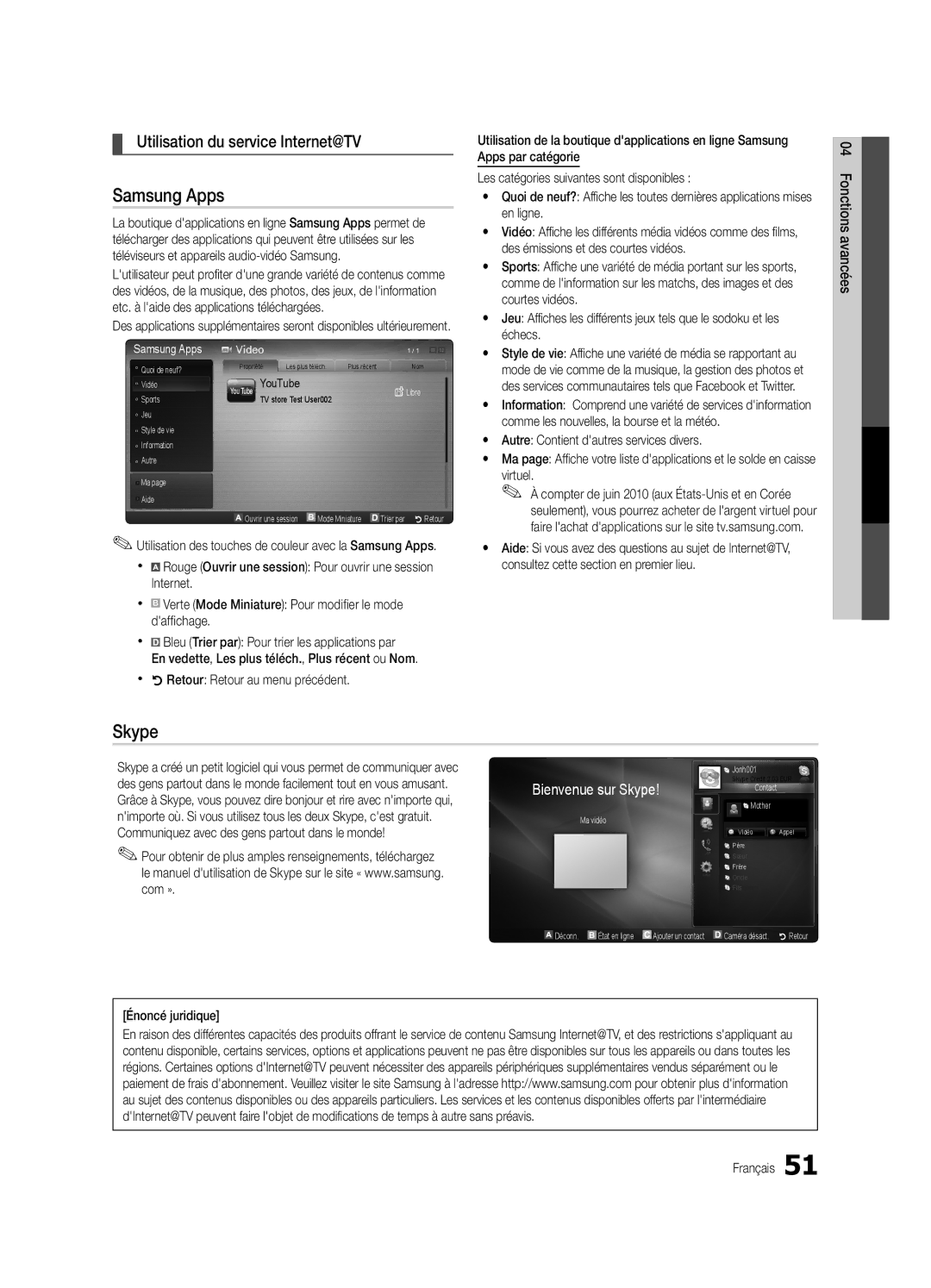 Samsung BN68-02627A-06, UN46C7000, Series C7 user manual Utilisation du service Internet@TV, Énoncé juridique Français 