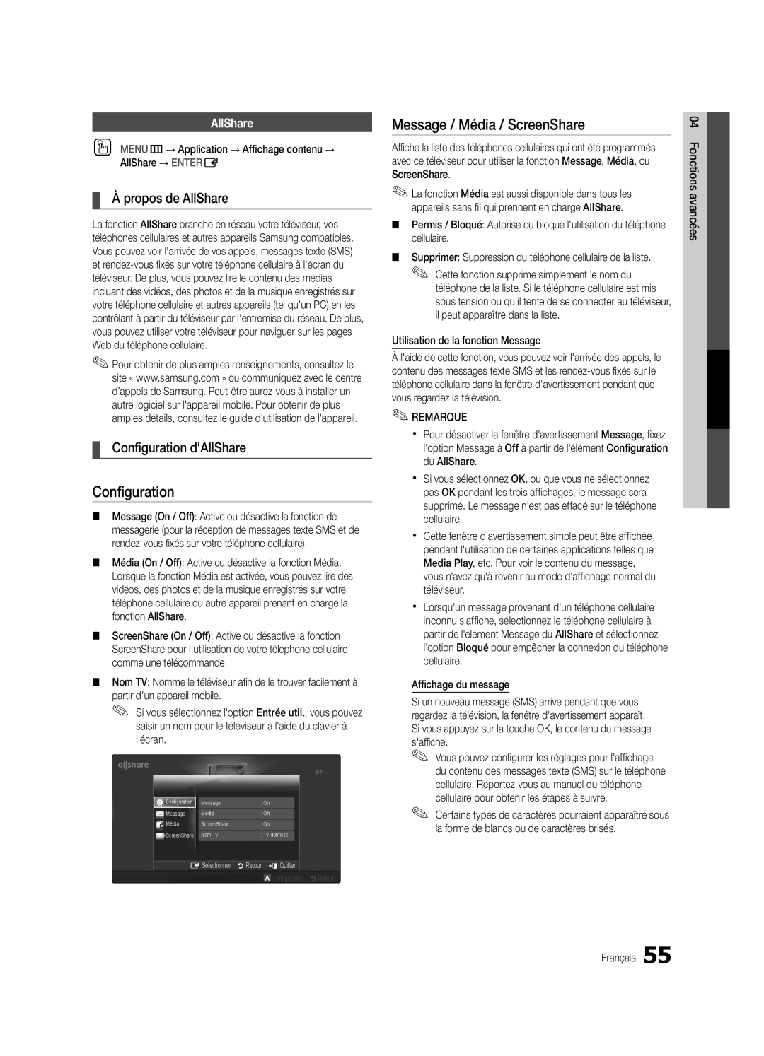 Samsung UN46C7000, BN68-02627A-06, Series C7 Message / Média / ScreenShare, Propos de AllShare, Configuration dAllShare 