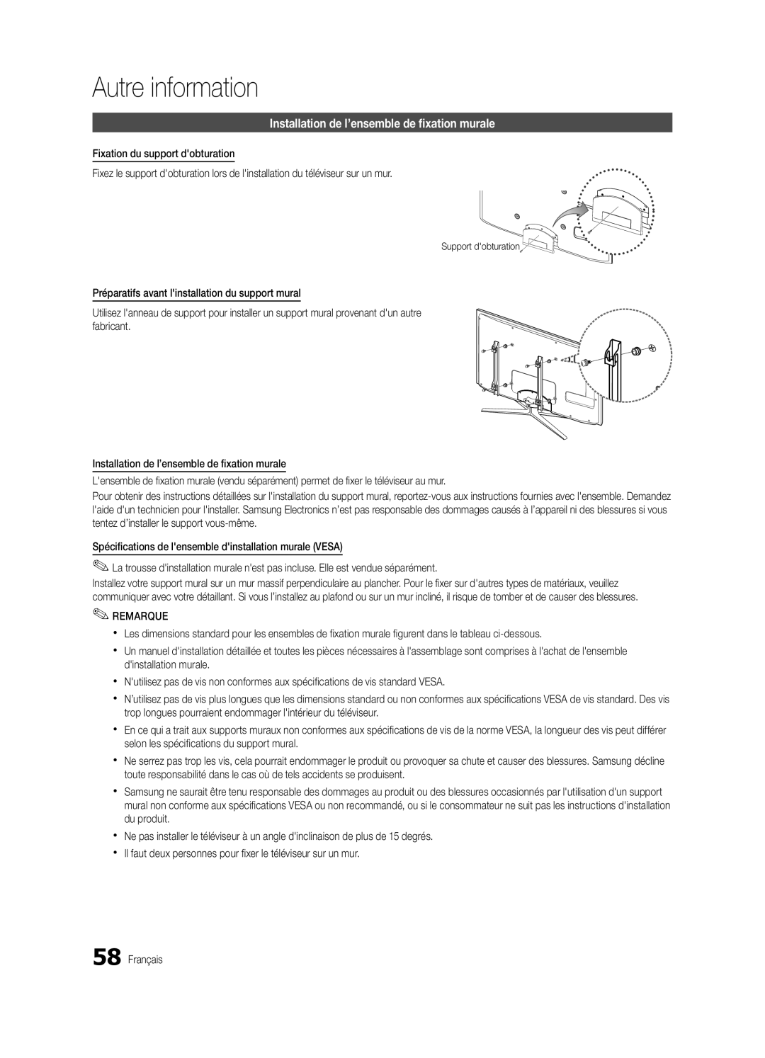 Samsung UN46C7000, BN68-02627A-06, Series C7 user manual Installation de l’ensemble de fixation murale, Support dobturation 