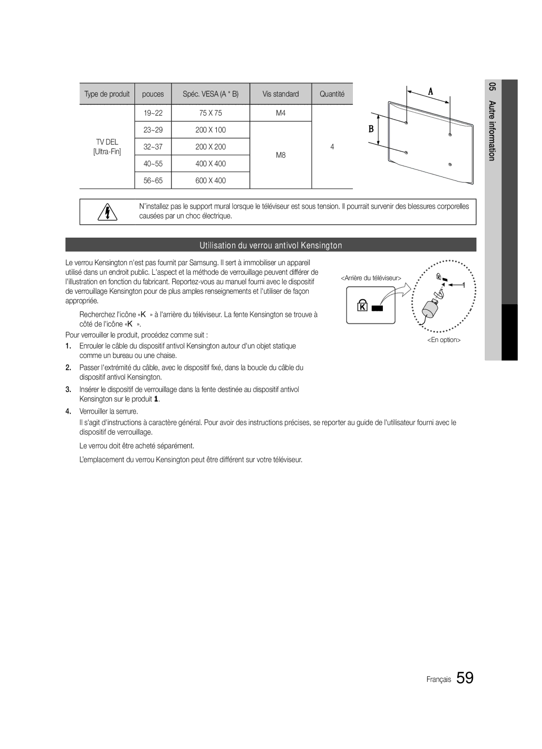 Samsung Series C7, BN68-02627A-06, UN46C7000 Utilisation du verrou antivol Kensington, Pouces, Vis standard Quantité 