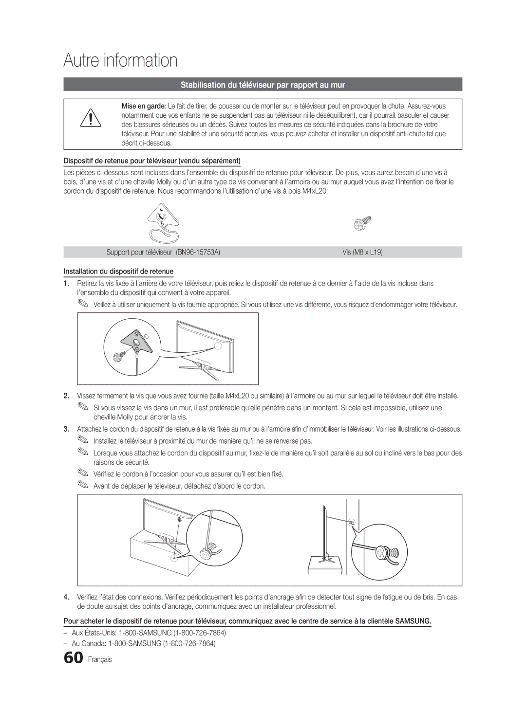 Samsung BN68-02627A-06, UN46C7000, Series C7 user manual Stabilisation du téléviseur par rapport au mur 