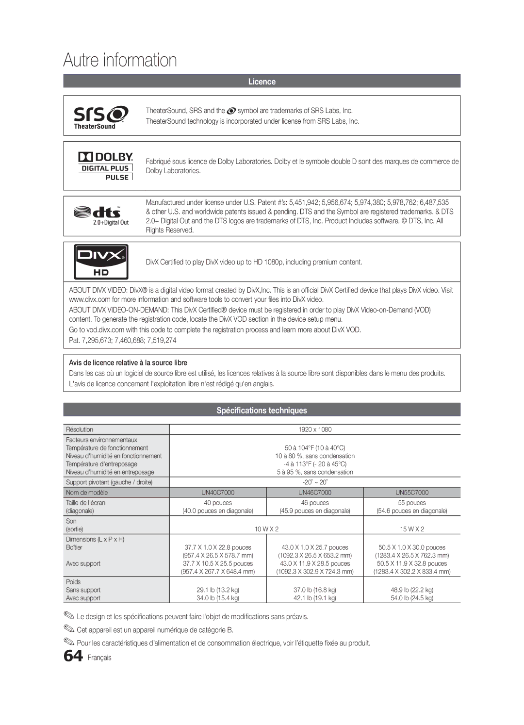 Samsung UN46C7000, BN68-02627A-06, Series C7 user manual Licence, Spécifications techniques 