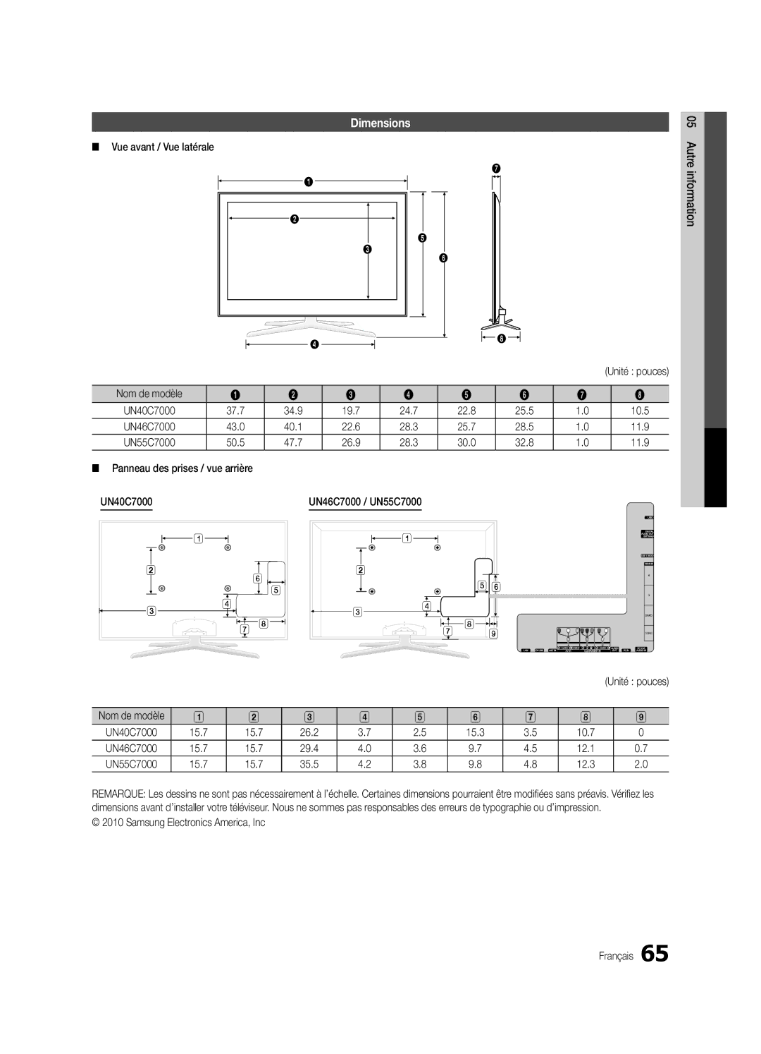 Samsung Series C7 Vue avant / Vue latérale, UN40C7000 UN46C7000 / UN55C7000, Samsung Electronics America, Inc Français 