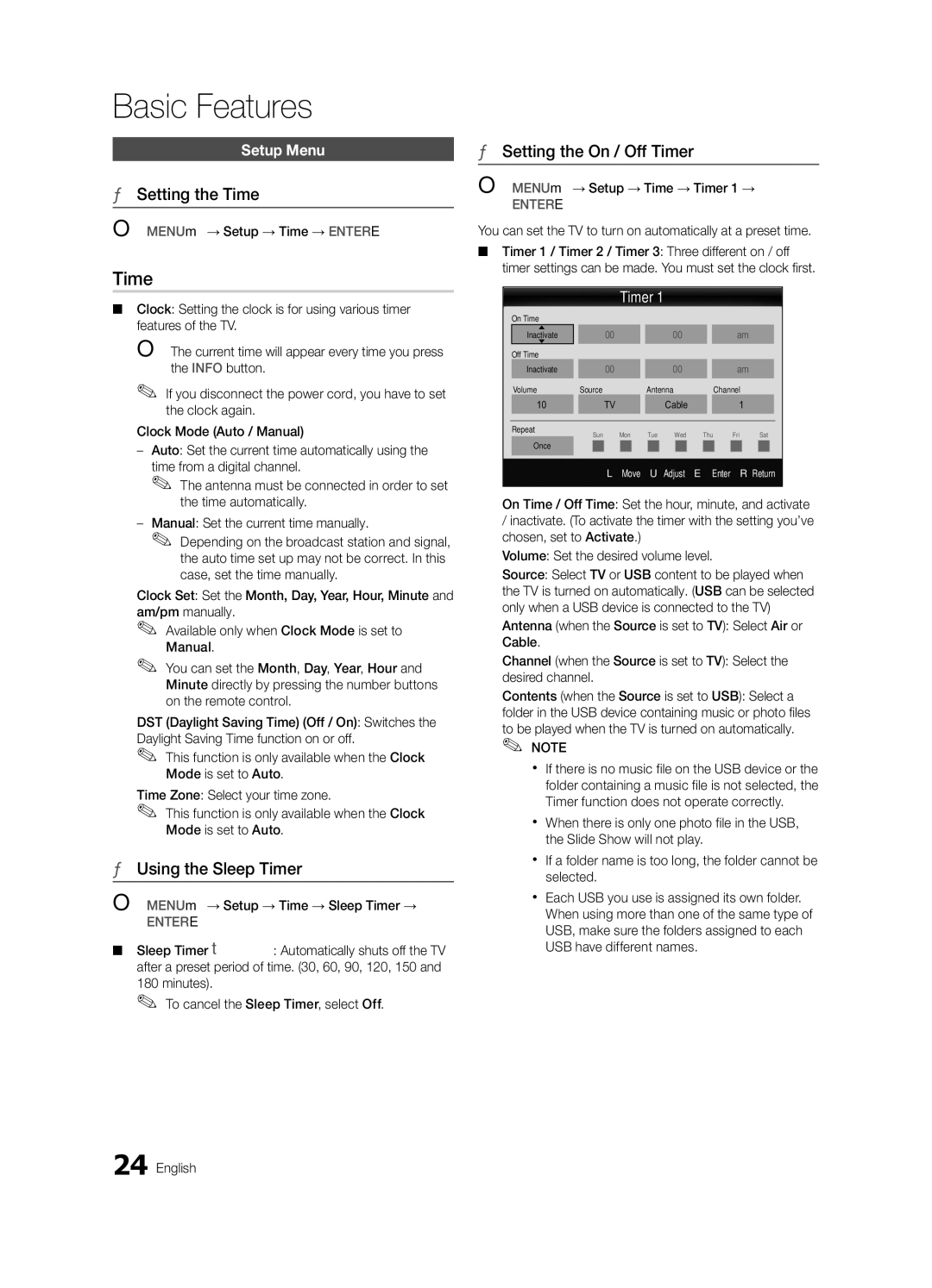 Samsung BN68-02627A-06, UN46C7000, Series C7 Setting the Time, Using the Sleep Timer, Setting the On / Off Timer 