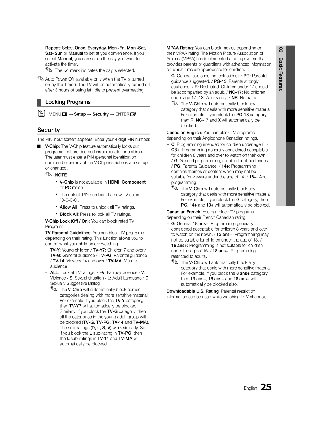 Samsung UN46C7000, BN68-02627A-06, Series C7 user manual Security, Locking Programs 