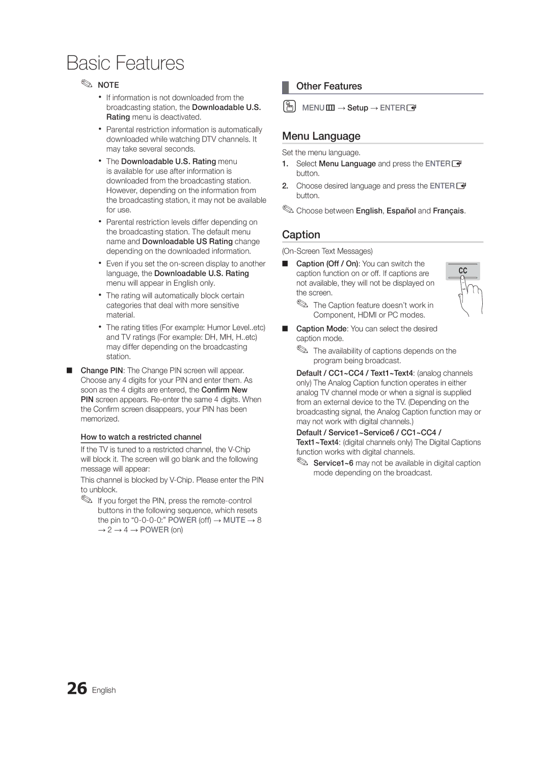 Samsung Series C7, BN68-02627A-06, UN46C7000 user manual Menu Language, Caption, → 2 → 4 → Power on, OO MENUm→ Setup → Entere 