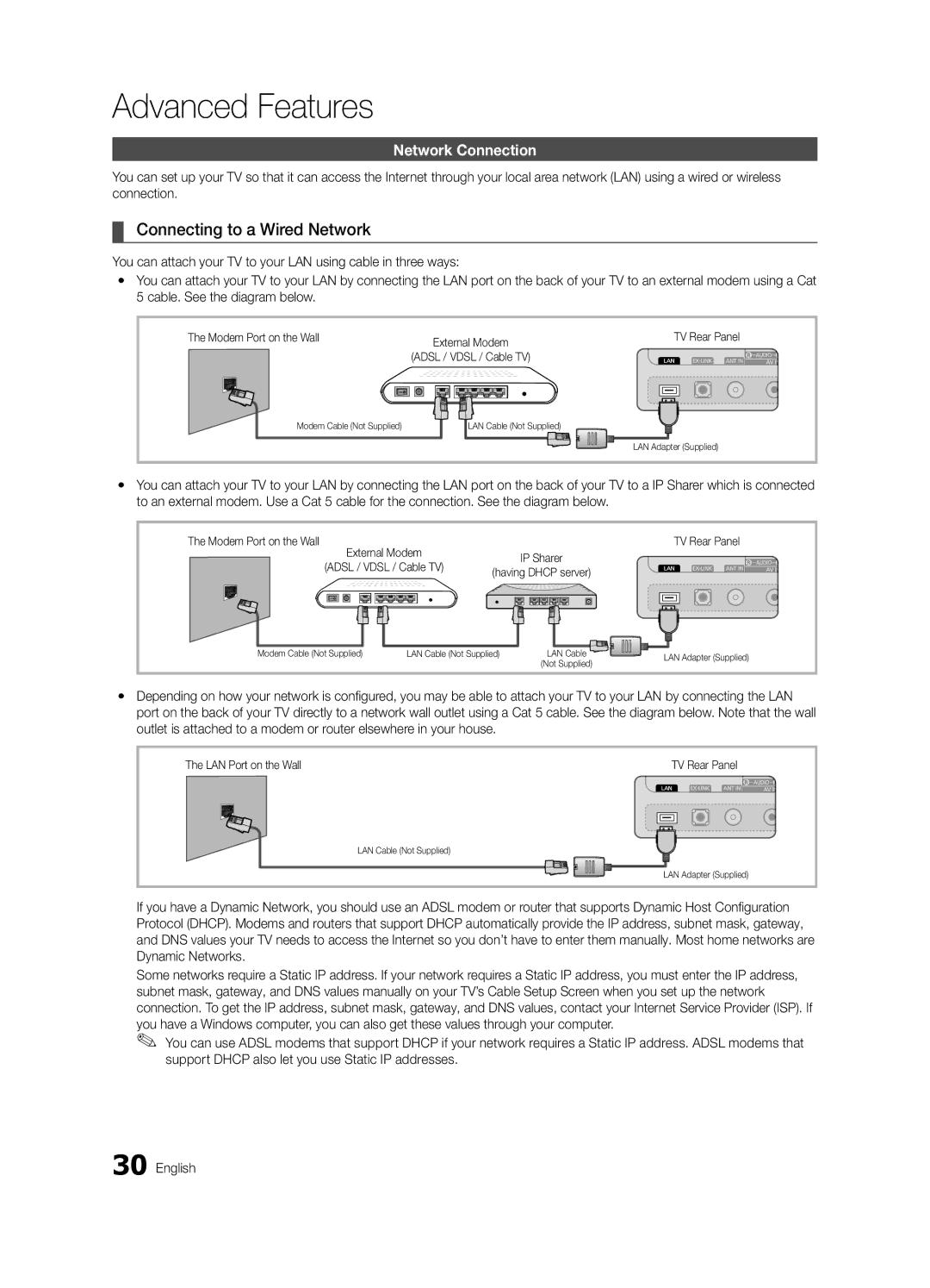 Samsung BN68-02627A-06 Advanced Features, Connecting to a Wired Network, Network Connection, Modem Port on the Wall 