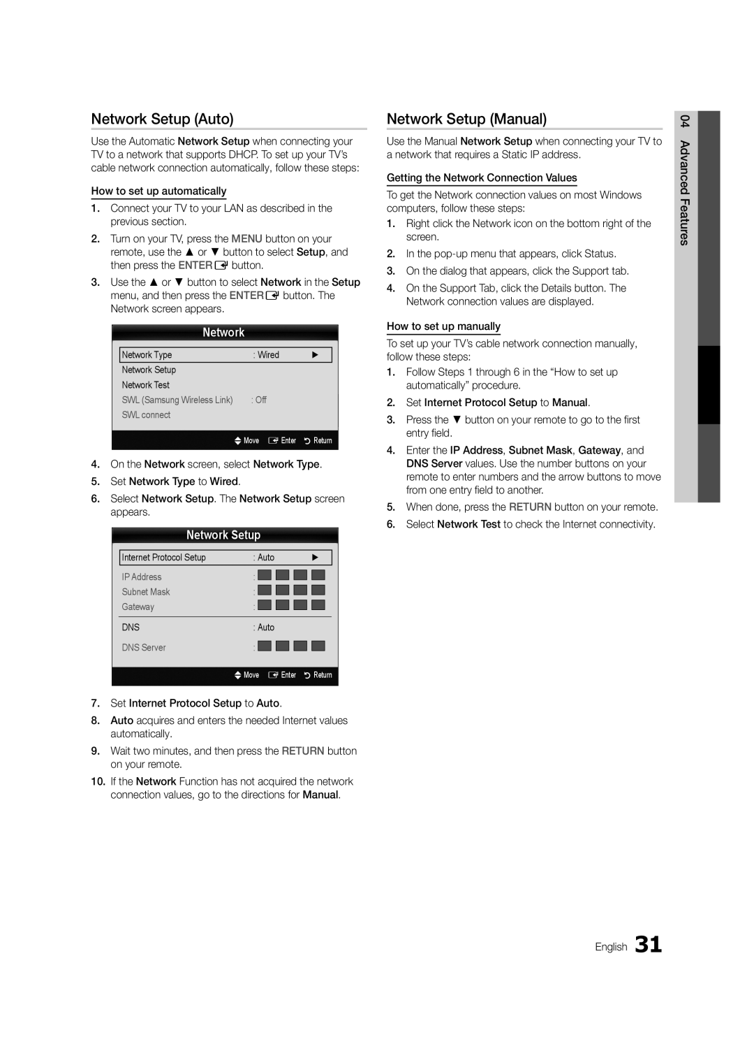 Samsung UN46C7000, BN68-02627A-06 Network Setup Auto, Network Setup Manual, Network Type Wired Network Setup Network Test 