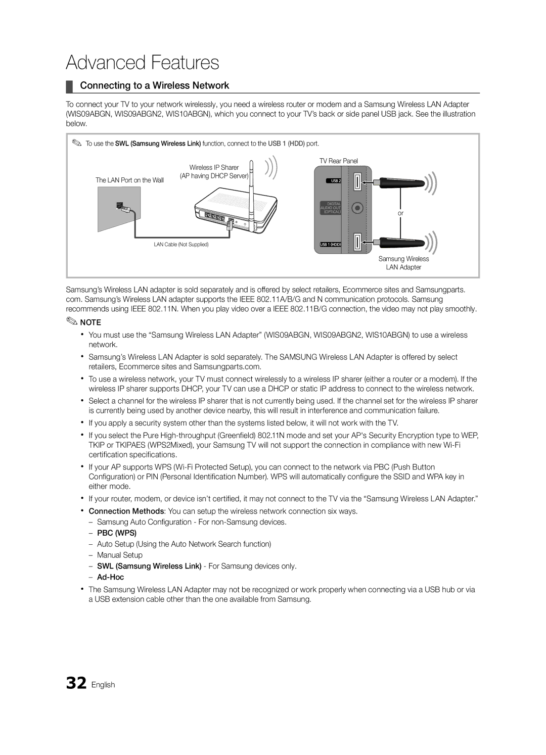 Samsung Series C7, BN68-02627A-06, UN46C7000 user manual Connecting to a Wireless Network, LAN Port on the Wall 