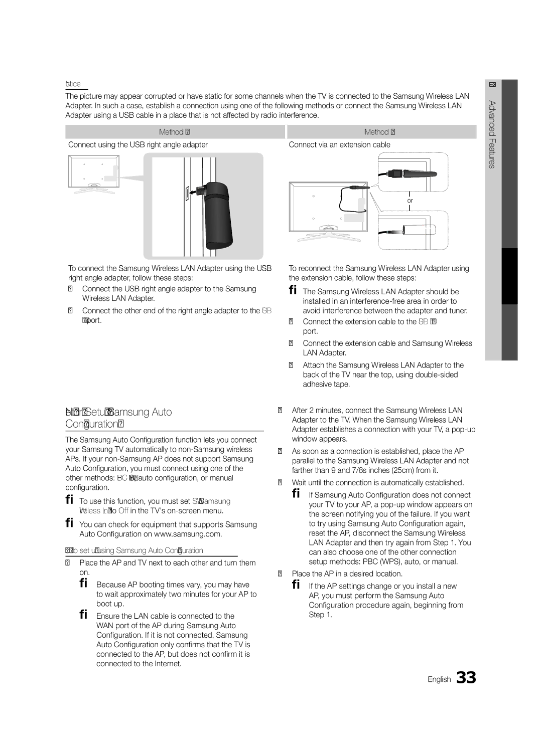 Samsung BN68-02627A-06, UN46C7000 Network Setup Samsung Auto Configuration, Boot up, Connect via an extension cable 