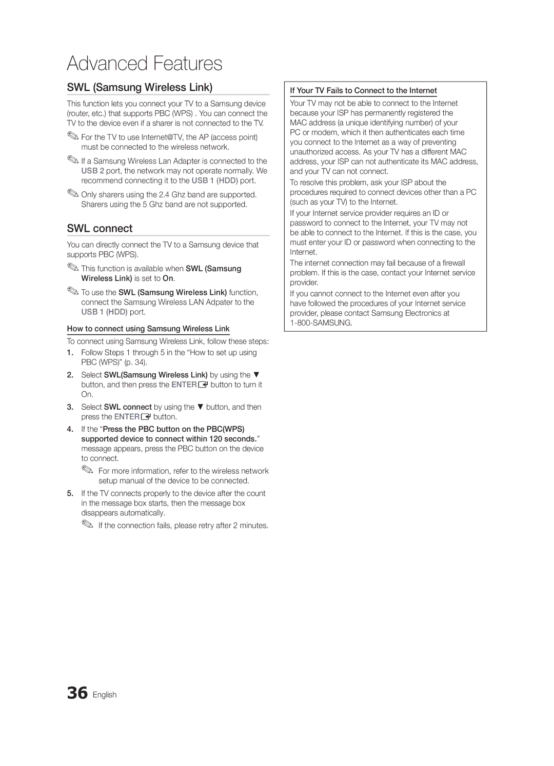 Samsung BN68-02627A-06, UN46C7000, Series C7 user manual SWL Samsung Wireless Link, SWL connect, To connect 