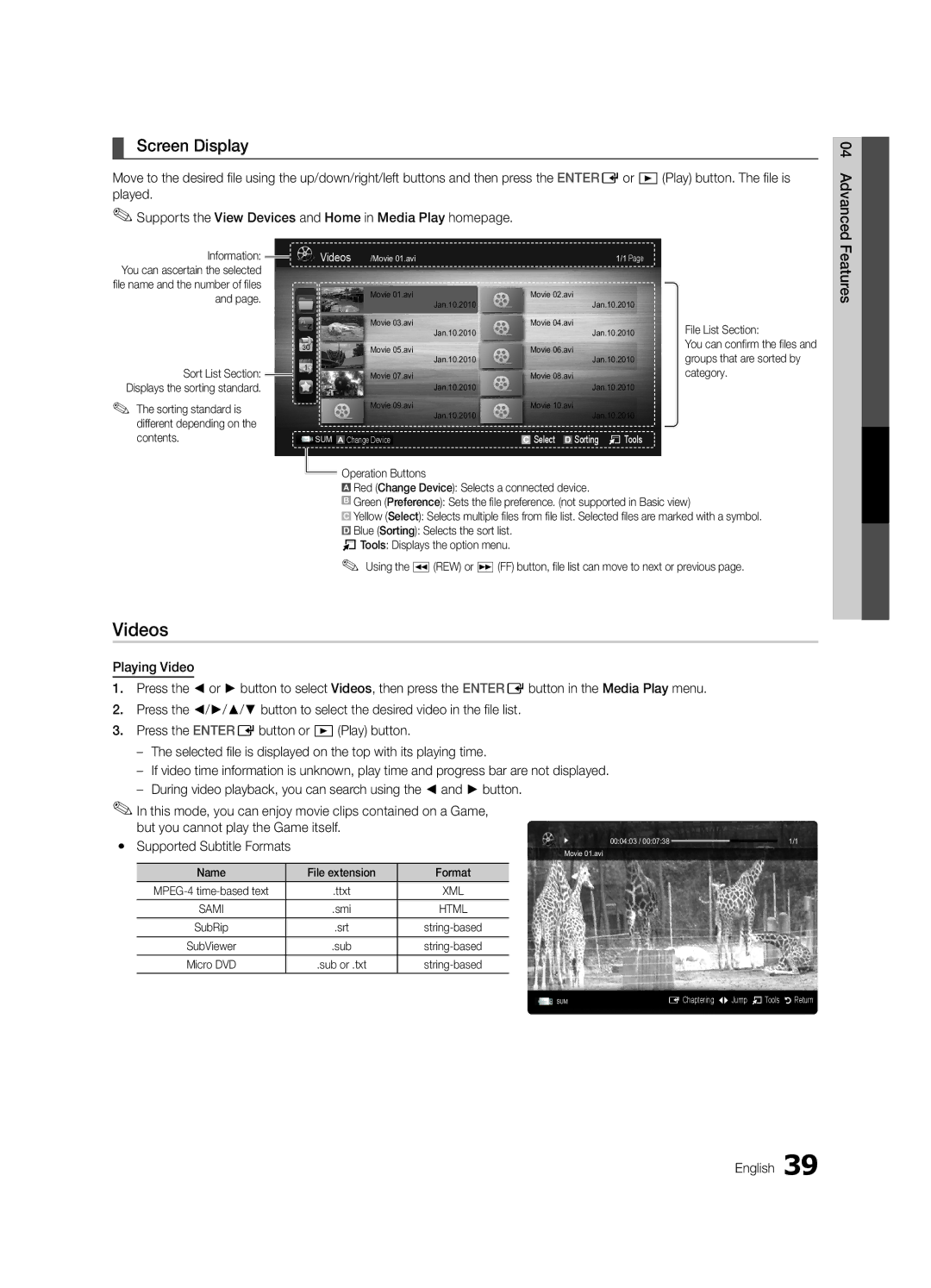 Samsung BN68-02627A-06 Videos, Screen Display, Features, Sorting standard is different depending on the contents 