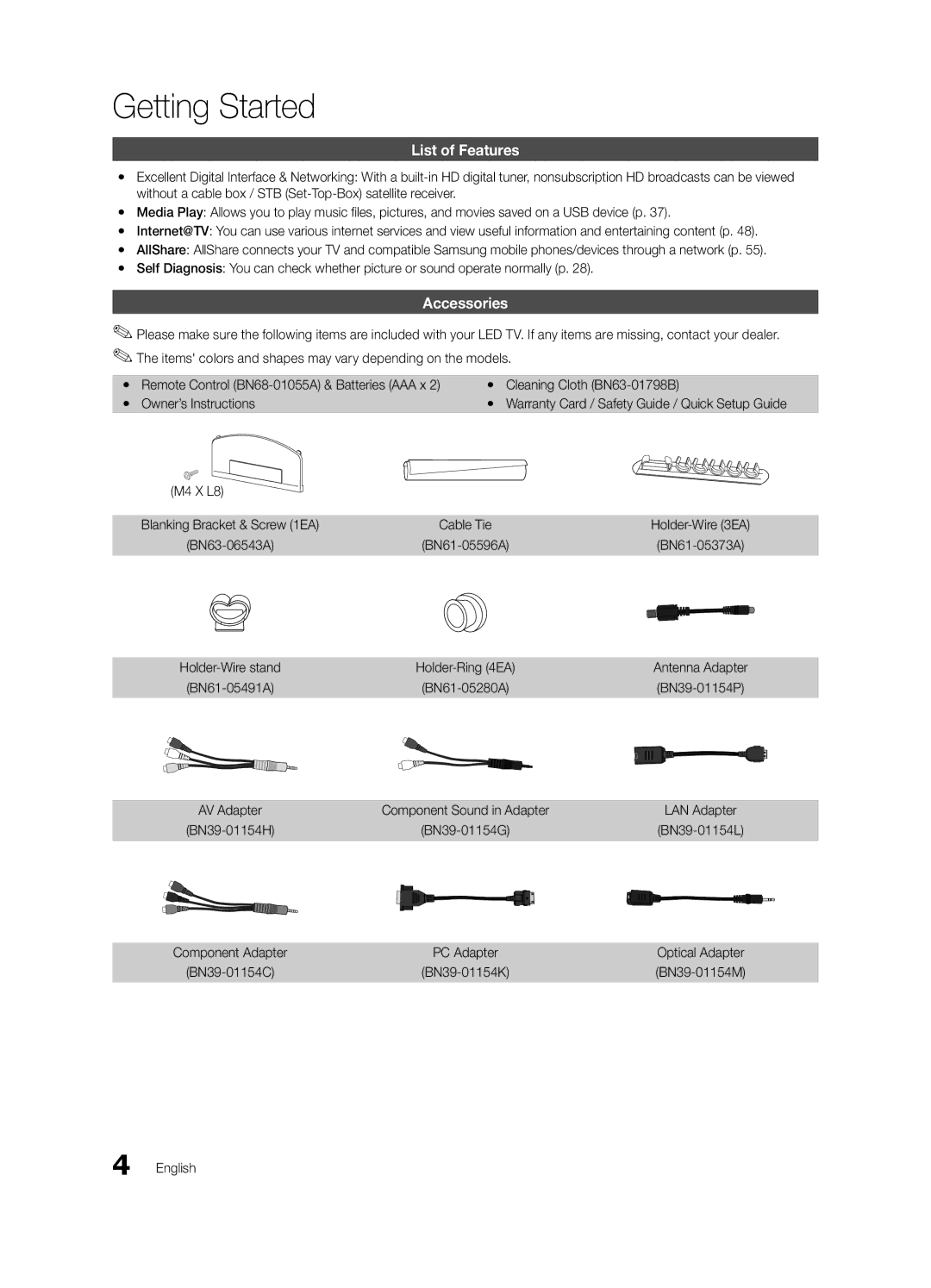 Samsung UN46C7000, BN68-02627A-06, Series C7 user manual Getting Started, List of Features, Accessories, M4 X L8 