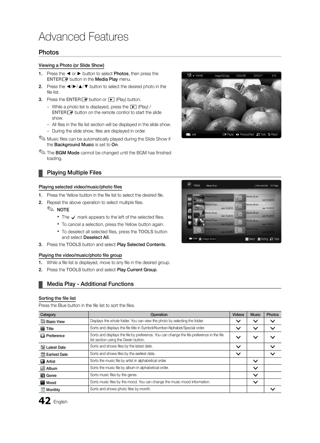 Samsung BN68-02627A-06, UN46C7000, Series C7 user manual Photos, Playing Multiple Files, Media Play Additional Functions 