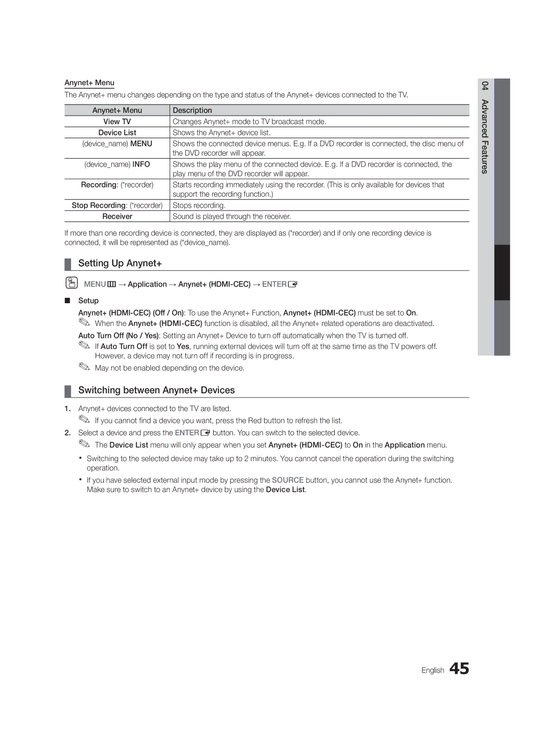 Samsung BN68-02627A-06, UN46C7000, Series C7 user manual Setting Up Anynet+, Switching between Anynet+ Devices 