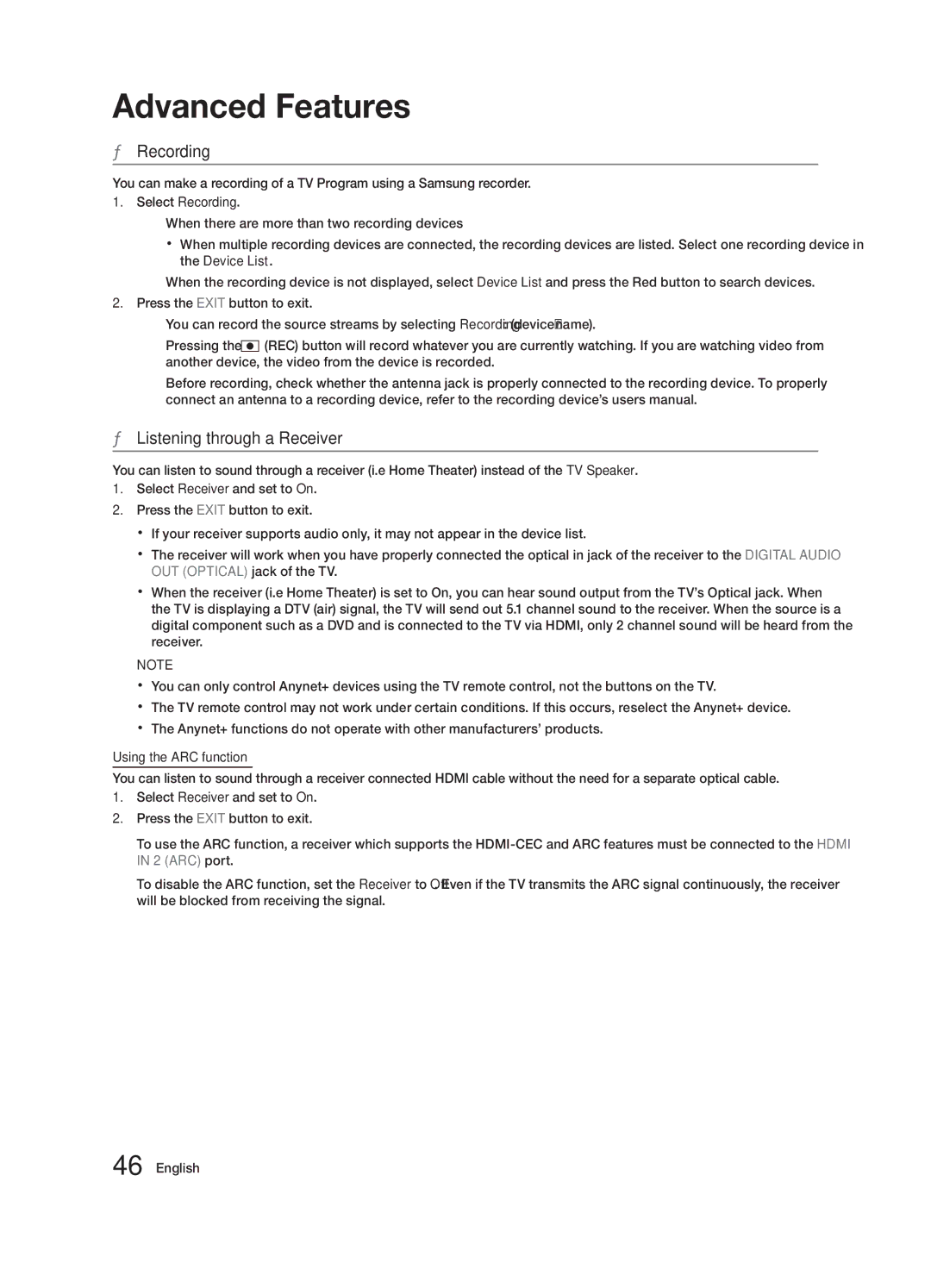 Samsung UN46C7000, BN68-02627A-06, Series C7 user manual Recording, Listening through a Receiver 