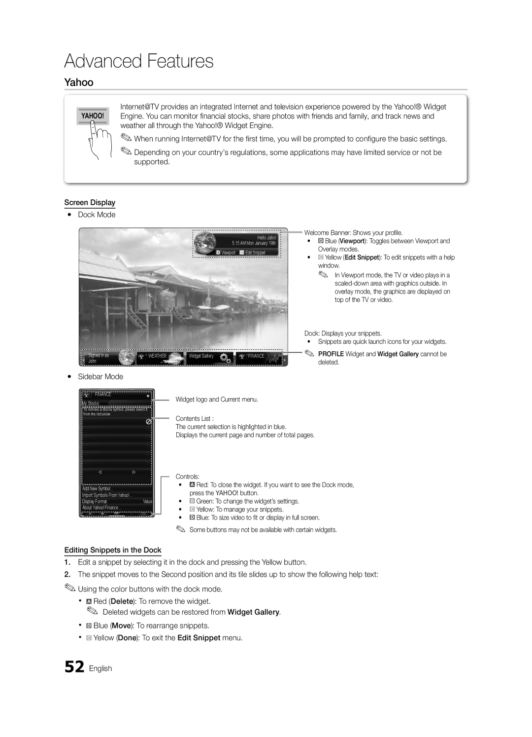 Samsung UN46C7000, BN68-02627A-06, Series C7 user manual Yahoo, Sidebar Mode 