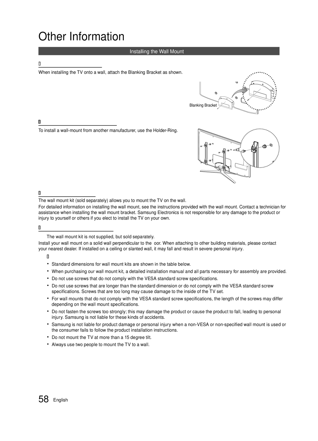 Samsung UN46C7000, BN68-02627A-06, Series C7 user manual Installing the Wall Mount, Blanking Bracket 