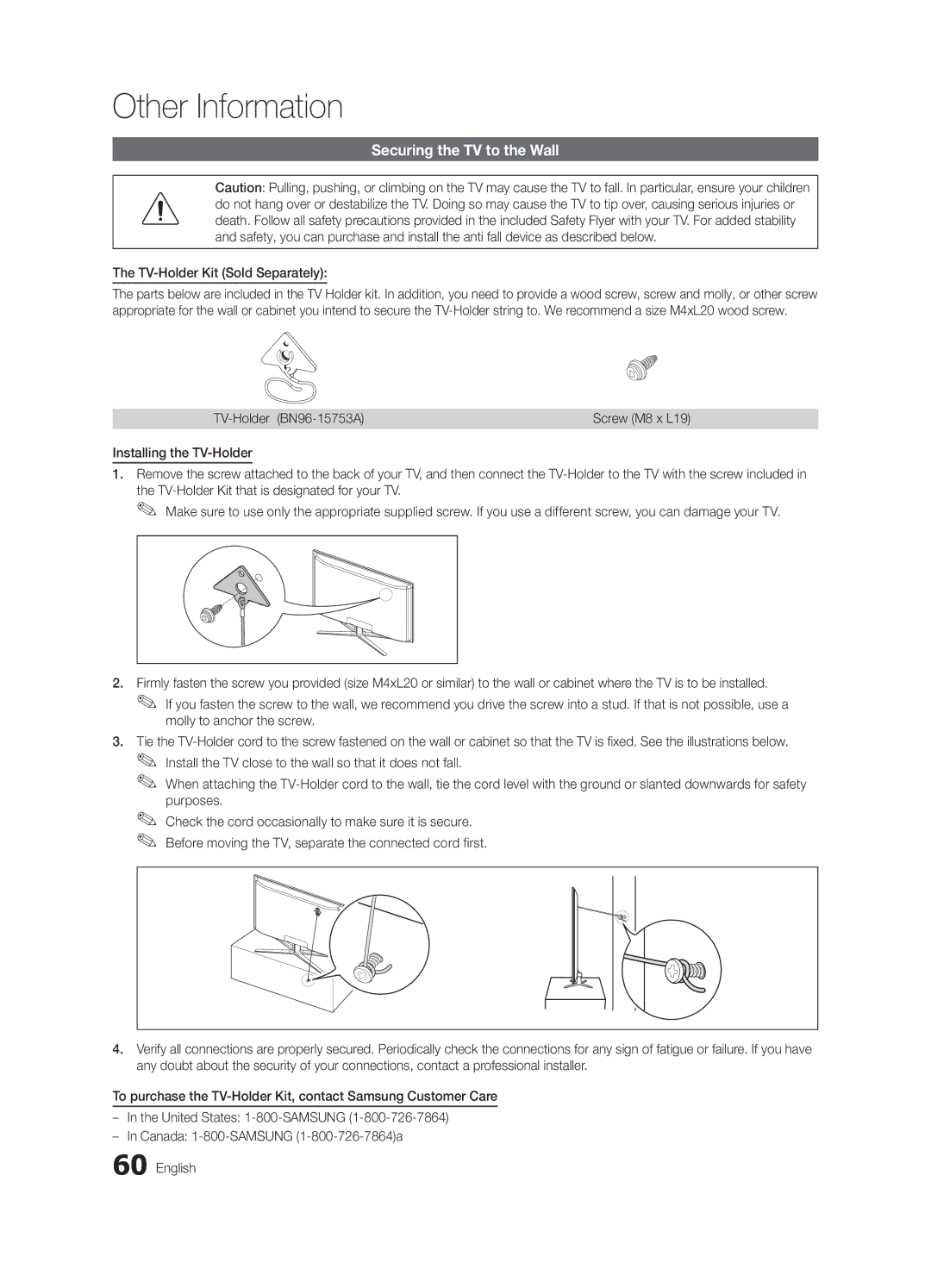 Samsung BN68-02627A-06 Securing the TV to the Wall, TV-Holder Kit Sold Separately, TV-Holder BN96-15753A, Screw M8 x L19 