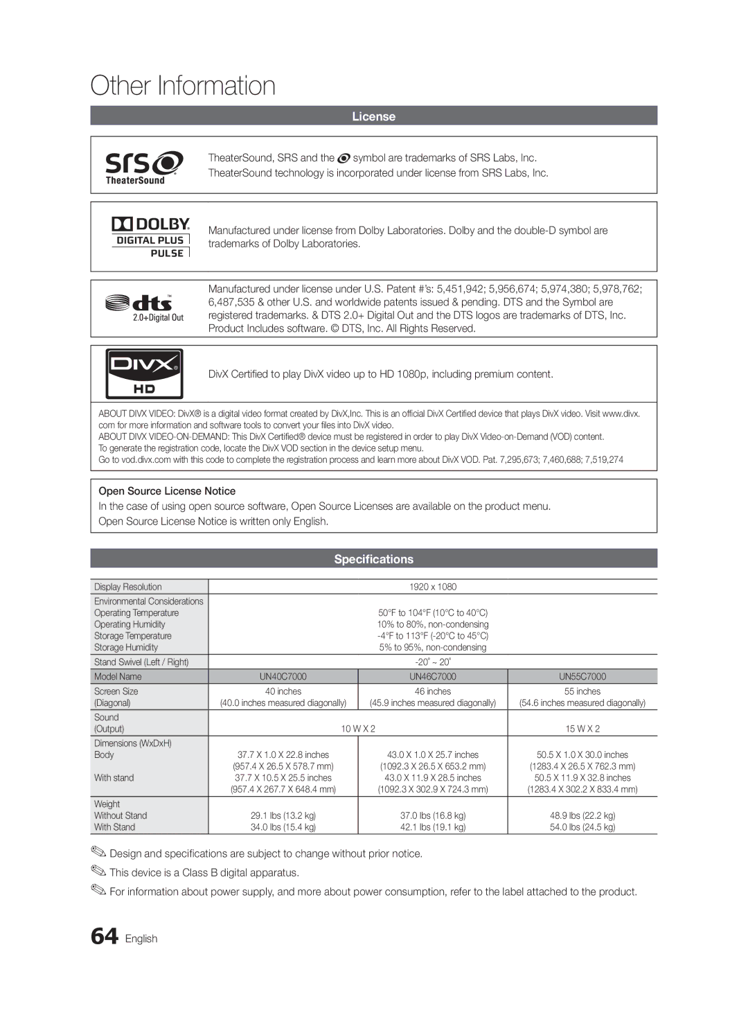 Samsung UN46C7000, BN68-02627A-06, Series C7 user manual License, Specifications 