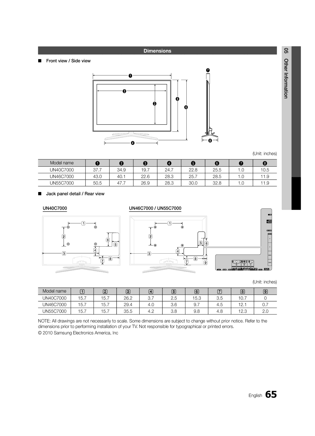 Samsung Series C7, BN68-02627A-06, UN46C7000 user manual Dimensions 