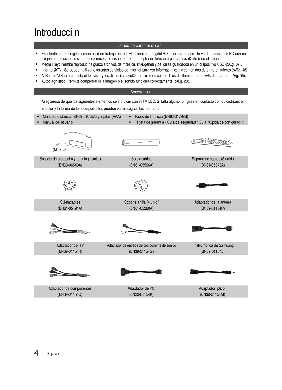 Samsung UN46C7000 Introducción, Listado de características, Accesorios, Paño de limpieza BN63-01798B, Manual del usuario 